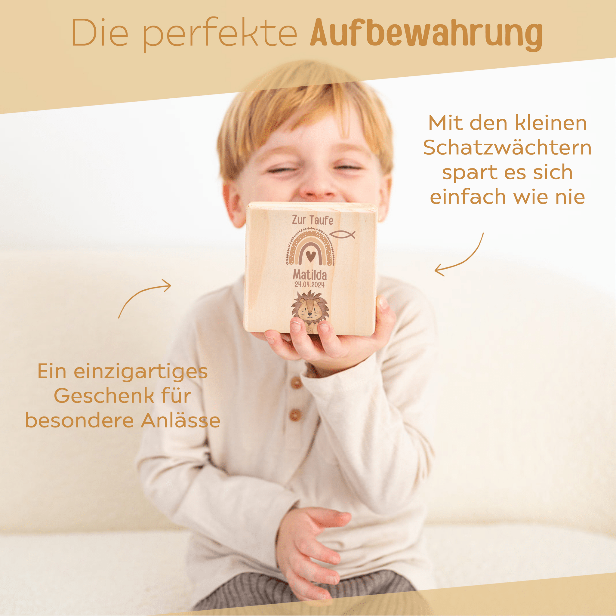 Spardose Holz personalisiert - Taufe Tier Aquarell - wunderwunsch