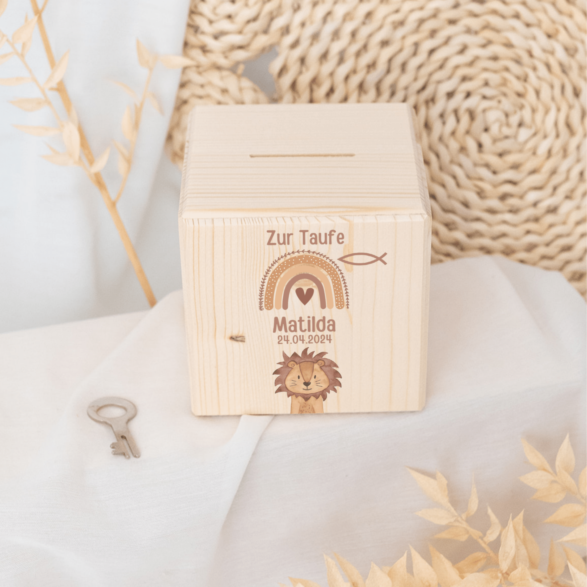 Spardose Holz personalisiert - Taufe Tier Aquarell - wunderwunsch