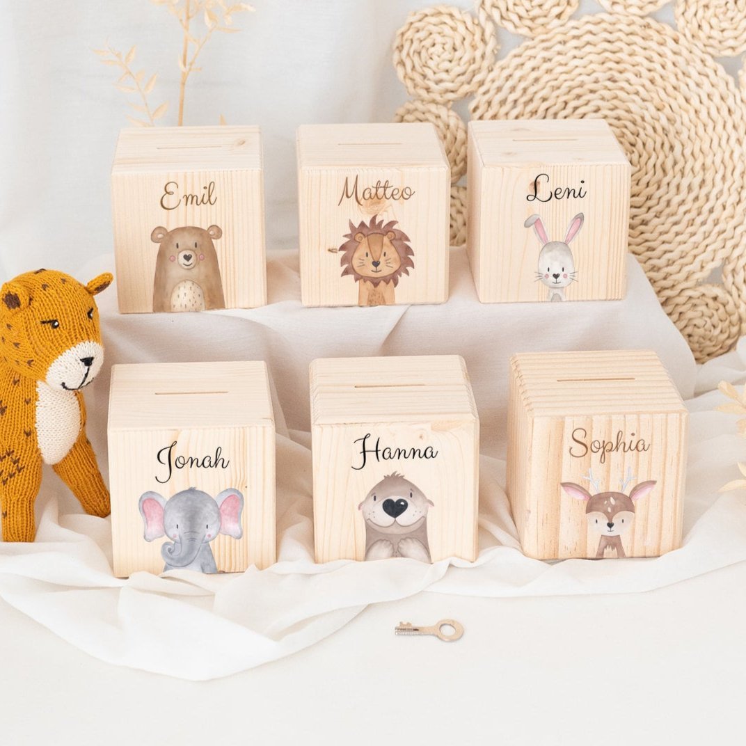 Spardose Holz personalisiert - Tier Aquarell - wunderwunsch