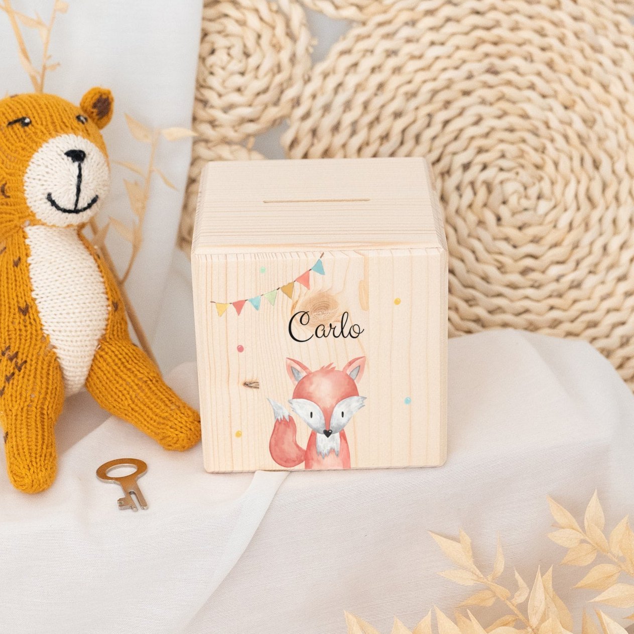 Spardose Holz personalisiert - Tier Girlande Aquarell - wunderwunsch