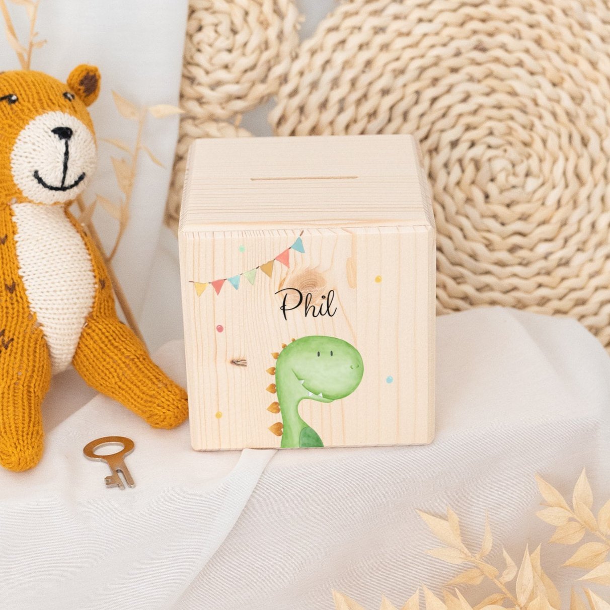 Spardose Holz personalisiert - Tier Girlande Aquarell - wunderwunsch