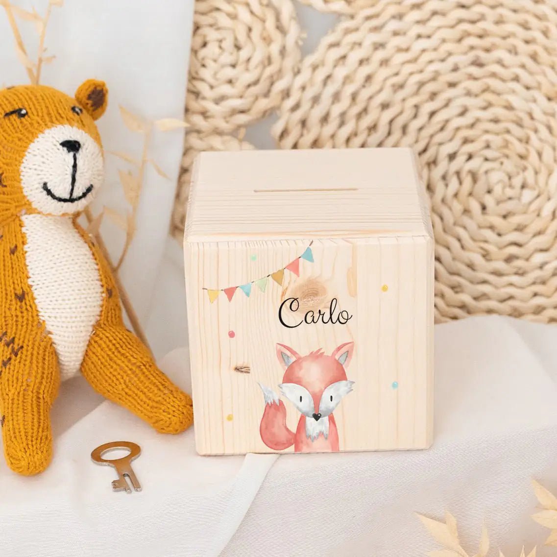 Spardose Holz personalisiert - Tier Girlande Aquarell - wunderwunsch