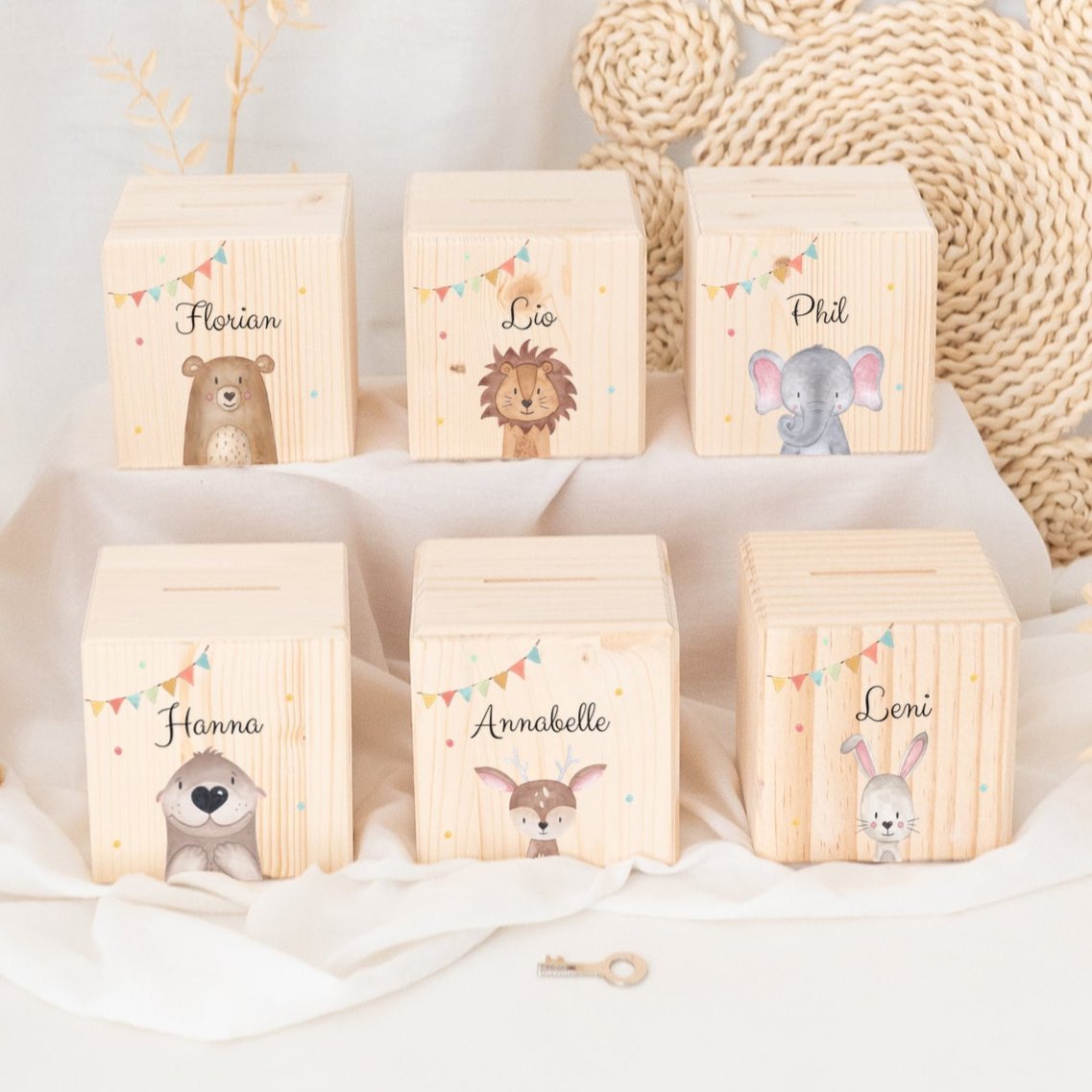 Spardose Holz personalisiert - Tier Girlande Aquarell - wunderwunsch