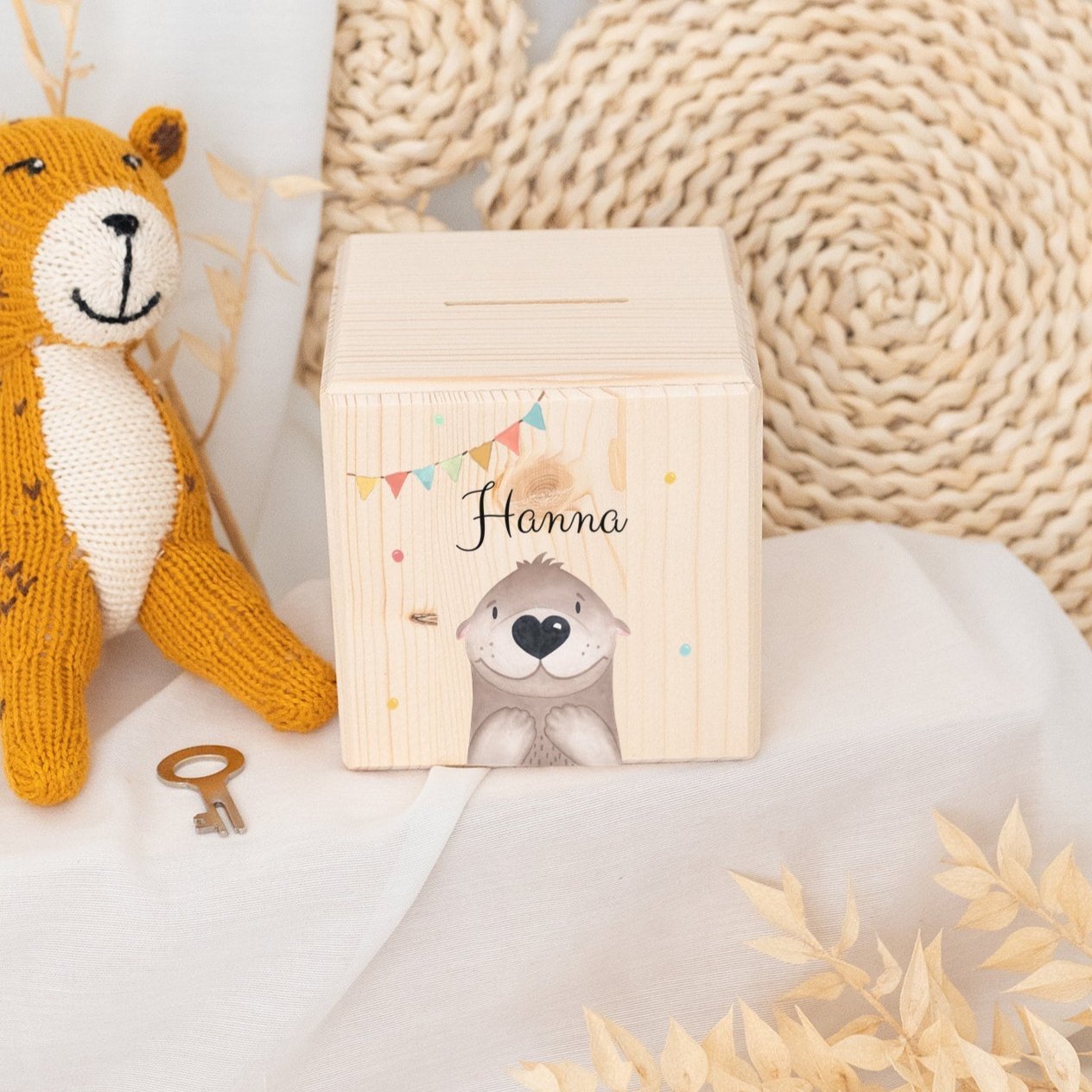 Spardose Holz personalisiert - Tier Girlande Aquarell - wunderwunsch