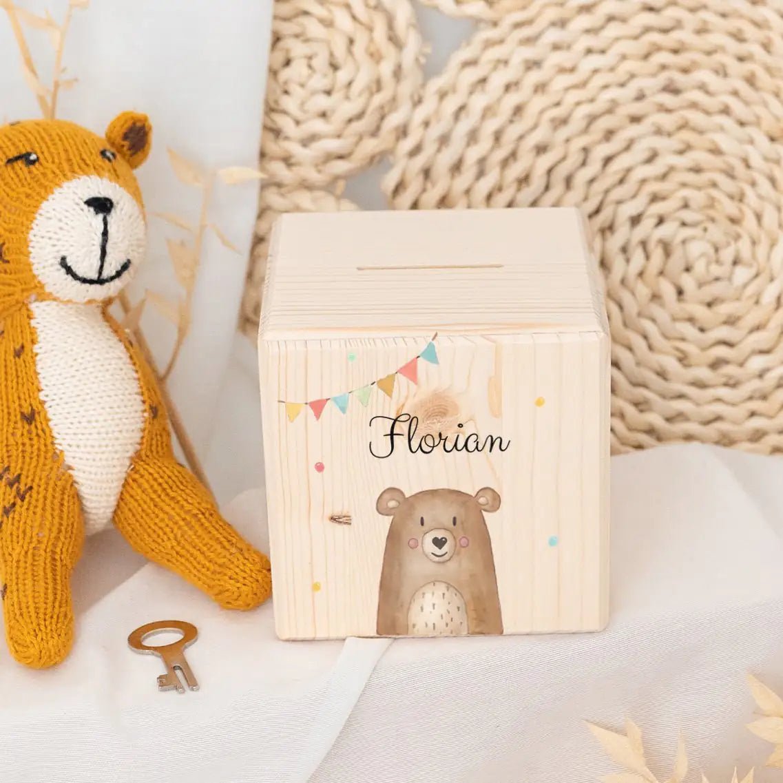 Spardose Holz personalisiert - Tier Girlande Aquarell - wunderwunsch