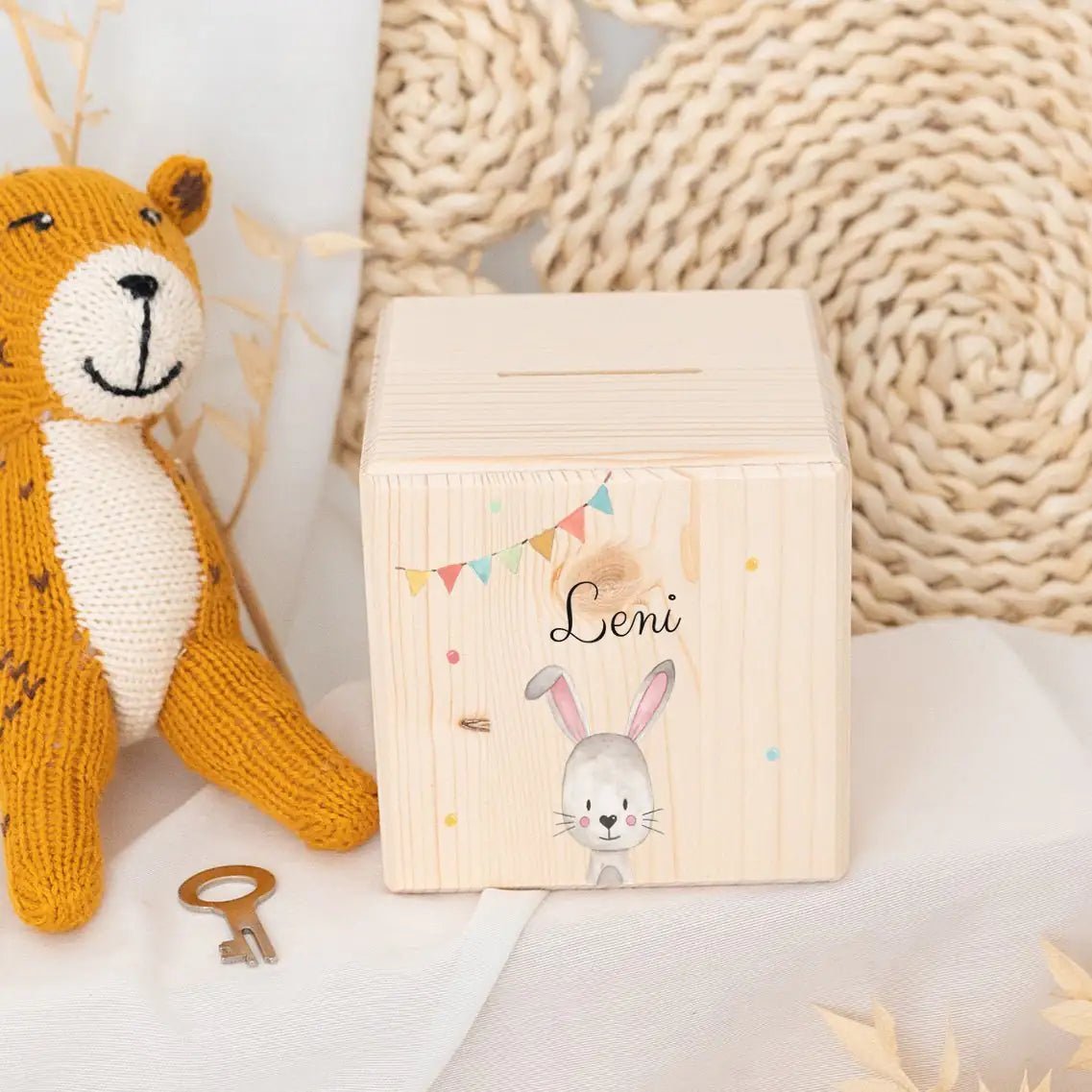 Spardose Holz personalisiert - Tier Girlande Aquarell - wunderwunsch