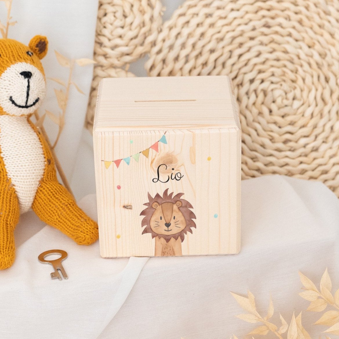 Spardose Holz personalisiert - Tier Girlande Aquarell - wunderwunsch