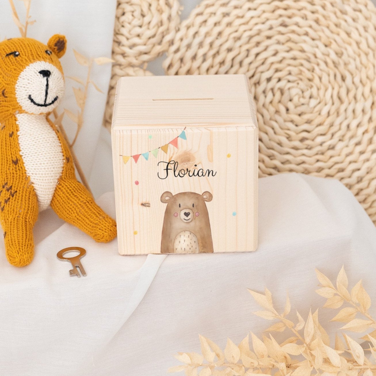 Spardose Holz personalisiert - Tier Girlande Aquarell - wunderwunsch