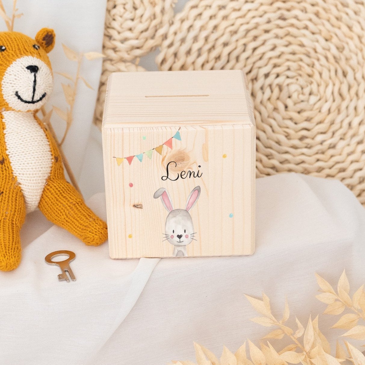 Spardose Holz personalisiert - Tier Girlande Aquarell - wunderwunsch