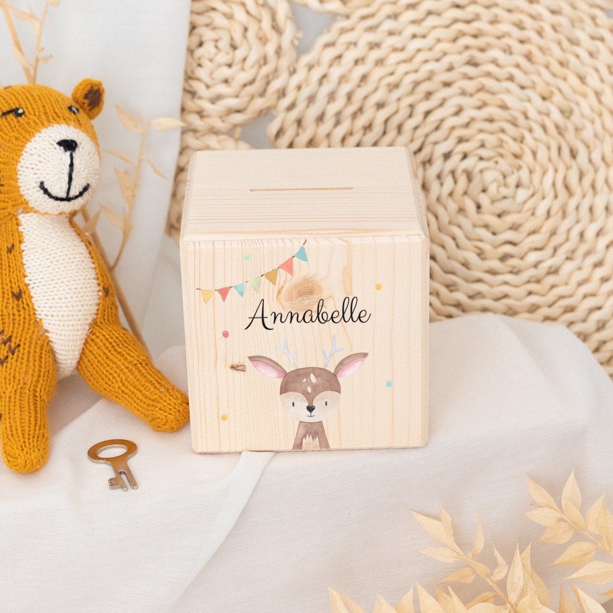 Spardose Holz personalisiert - Tier Girlande Aquarell - wunderwunsch