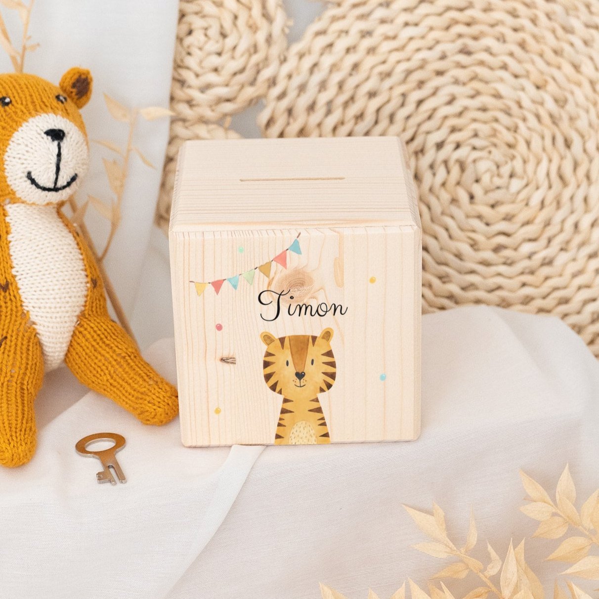 Spardose Holz personalisiert - Tier Girlande Aquarell - wunderwunsch