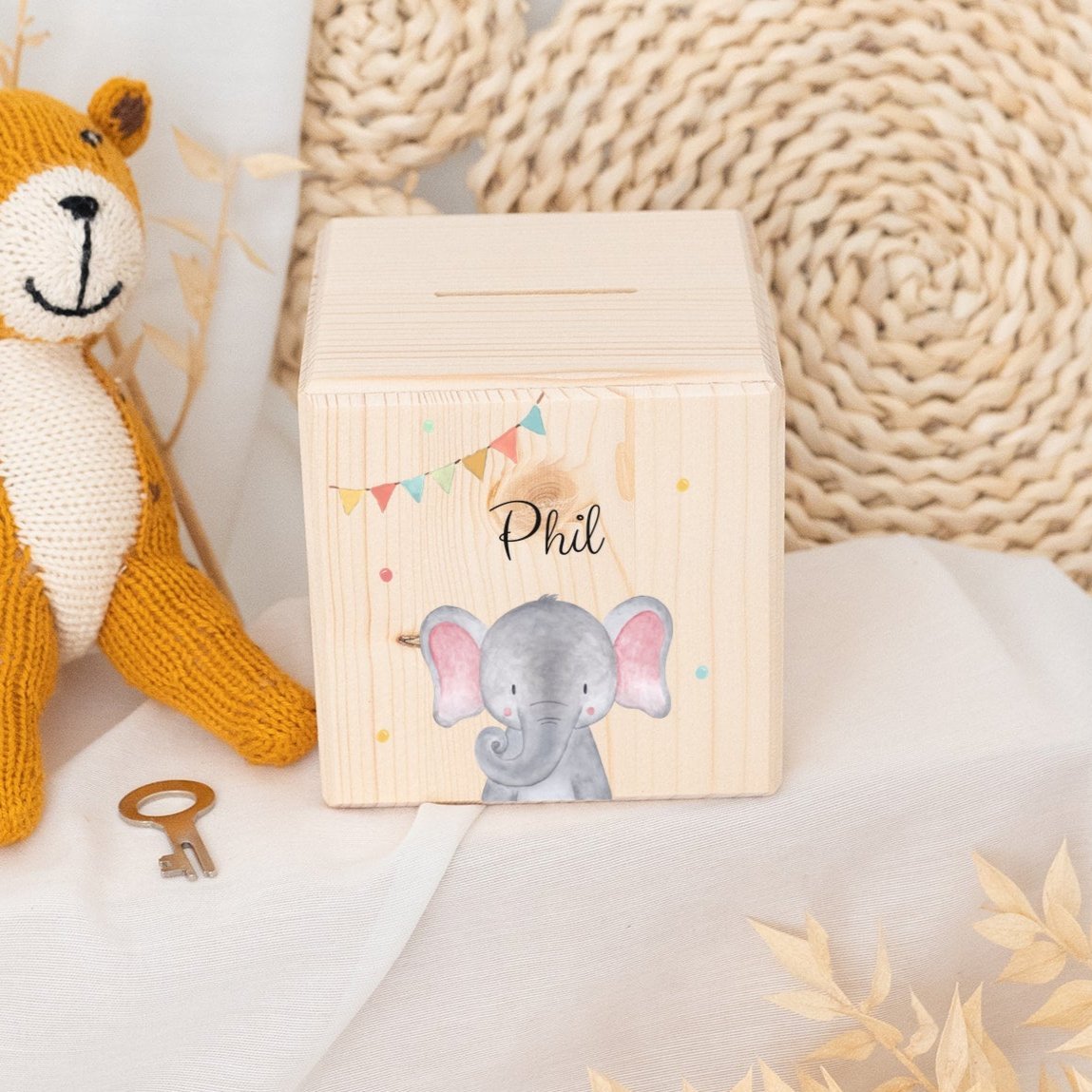 Spardose Holz personalisiert - Tier Girlande Aquarell - wunderwunsch
