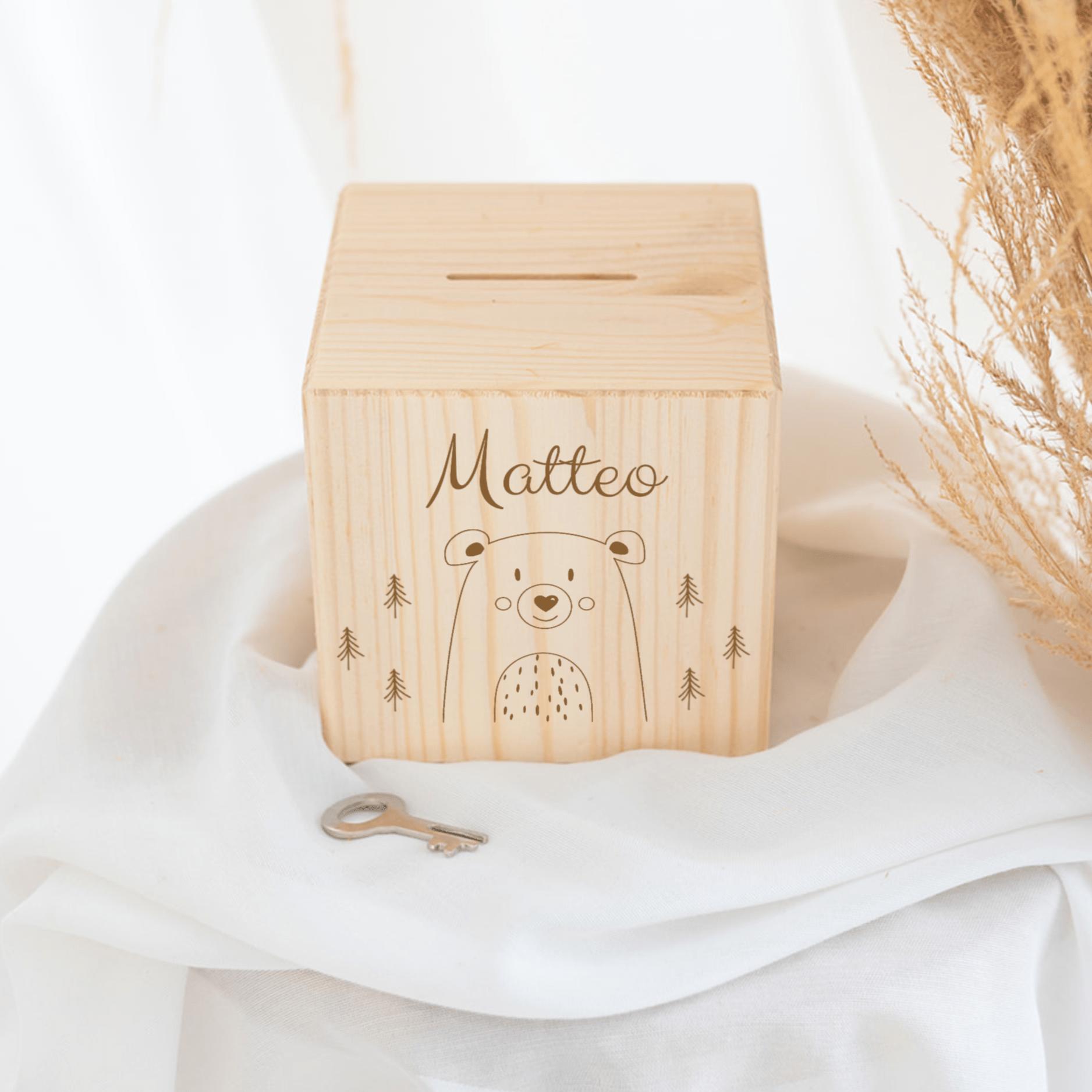 Spardose Holz personalisiert - Tier im Wald Gravur - wunderwunsch