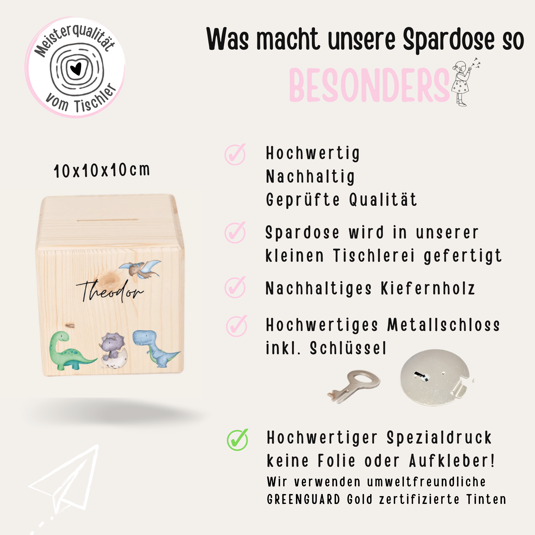 Spardose Holz personalisiert - Tiere unten/ Dinos unten Aquarell - wunderwunsch