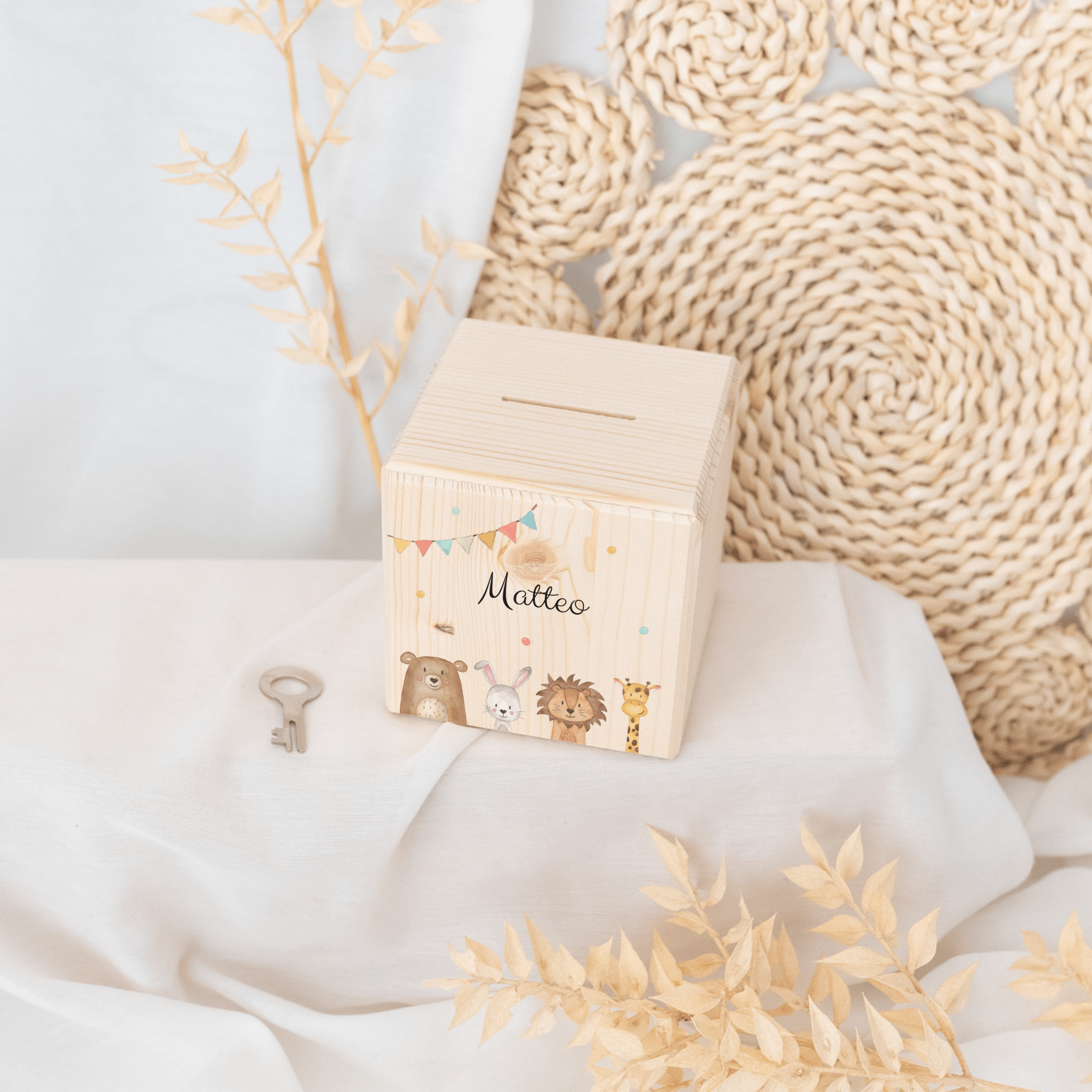 Spardose Holz personalisiert - Tiere unten Girlande Aquarell - wunderwunsch