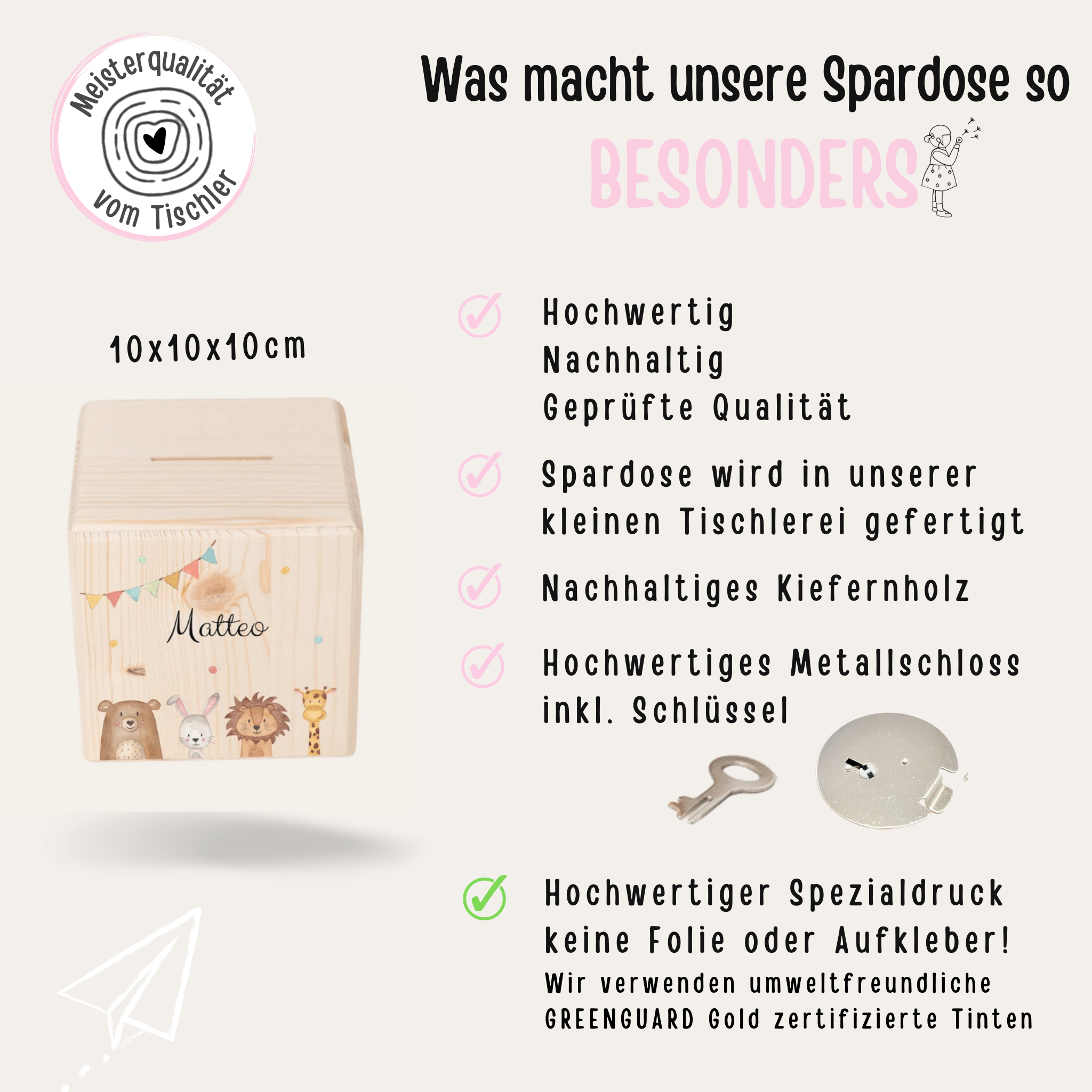 Spardose Holz personalisiert - Tiere unten Girlande Aquarell - wunderwunsch