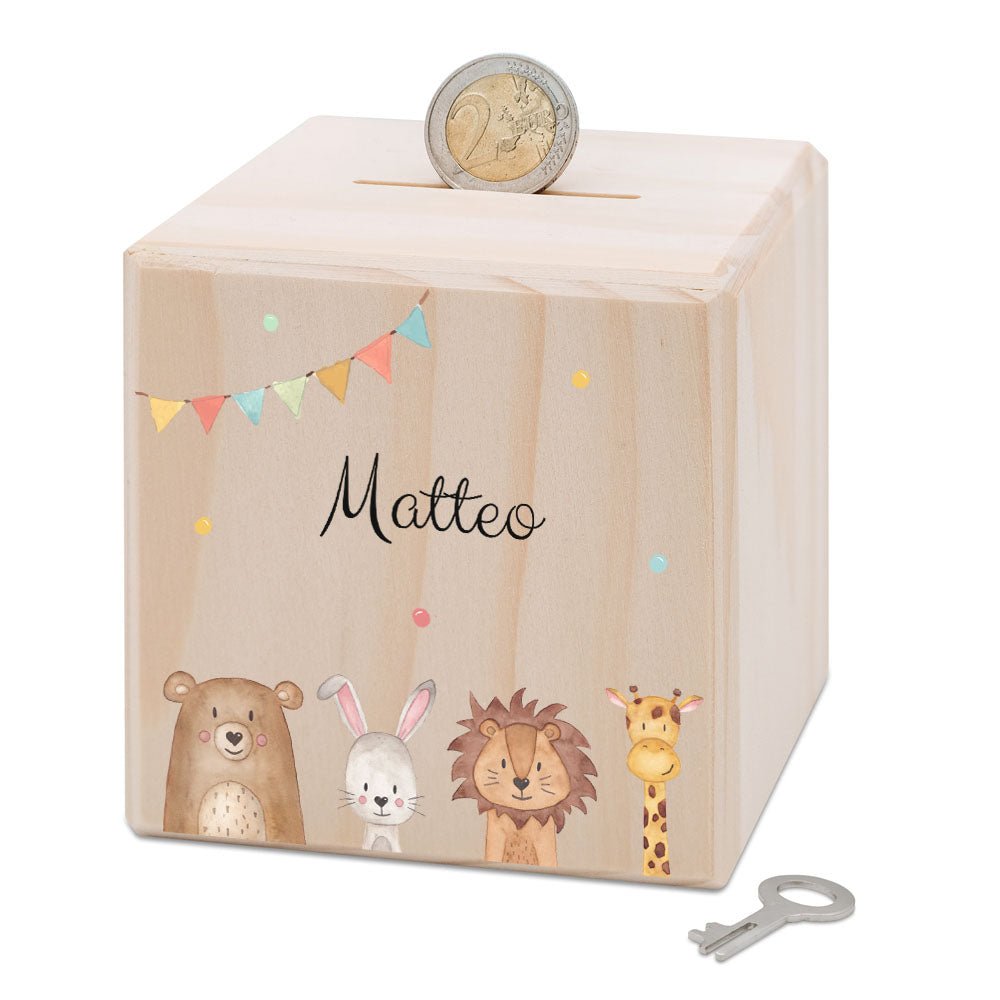 Spardose Holz personalisiert - Tiere unten Girlande Aquarell - wunderwunsch