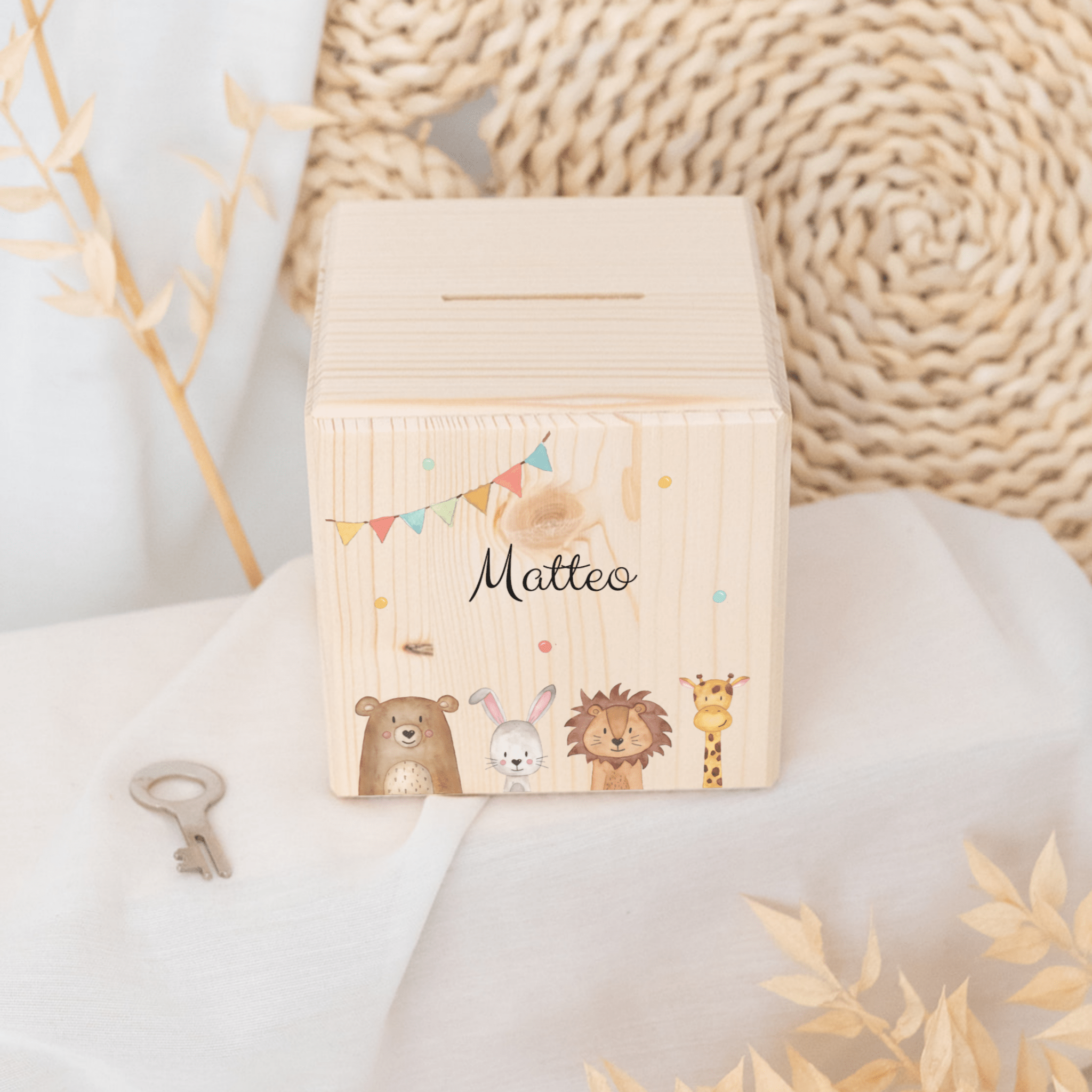 Spardose Holz personalisiert - Tiere unten Girlande Aquarell - wunderwunsch