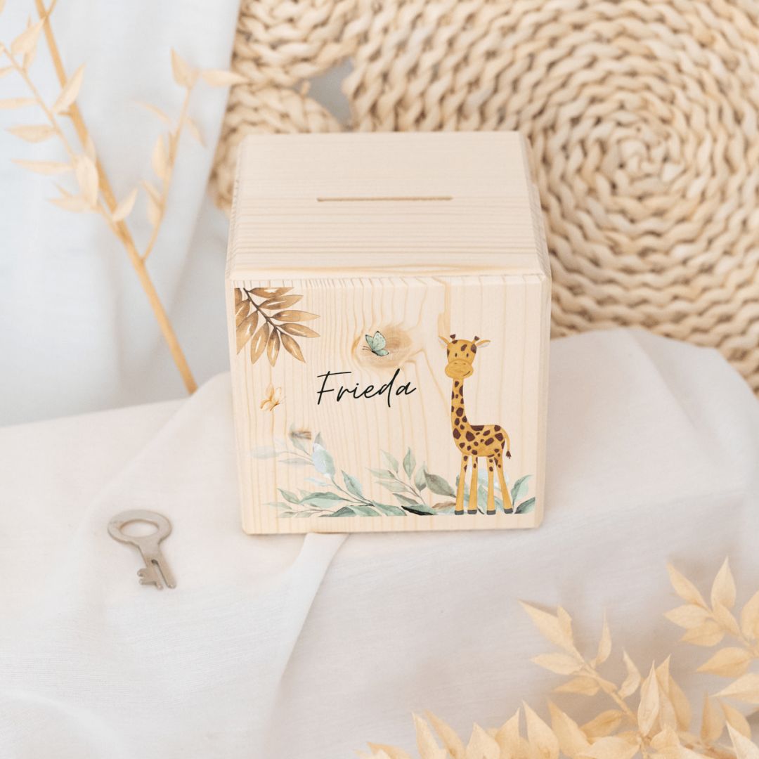 Spardose Holz personalisiert - Tierischer Gartenzauber Aquarell - wunderwunsch