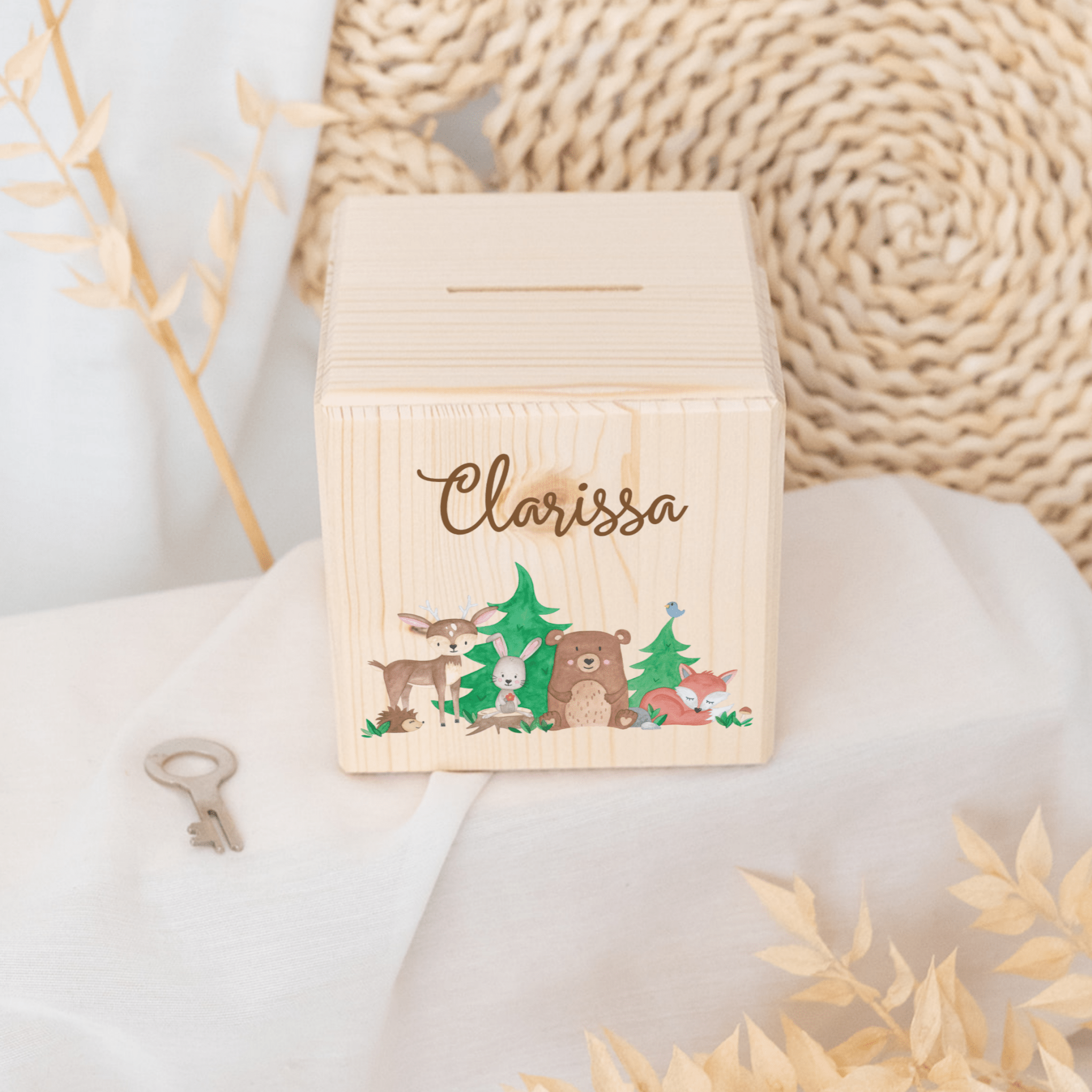 Spardose Holz personalisiert - Waldfreunde Aquarell - wunderwunsch