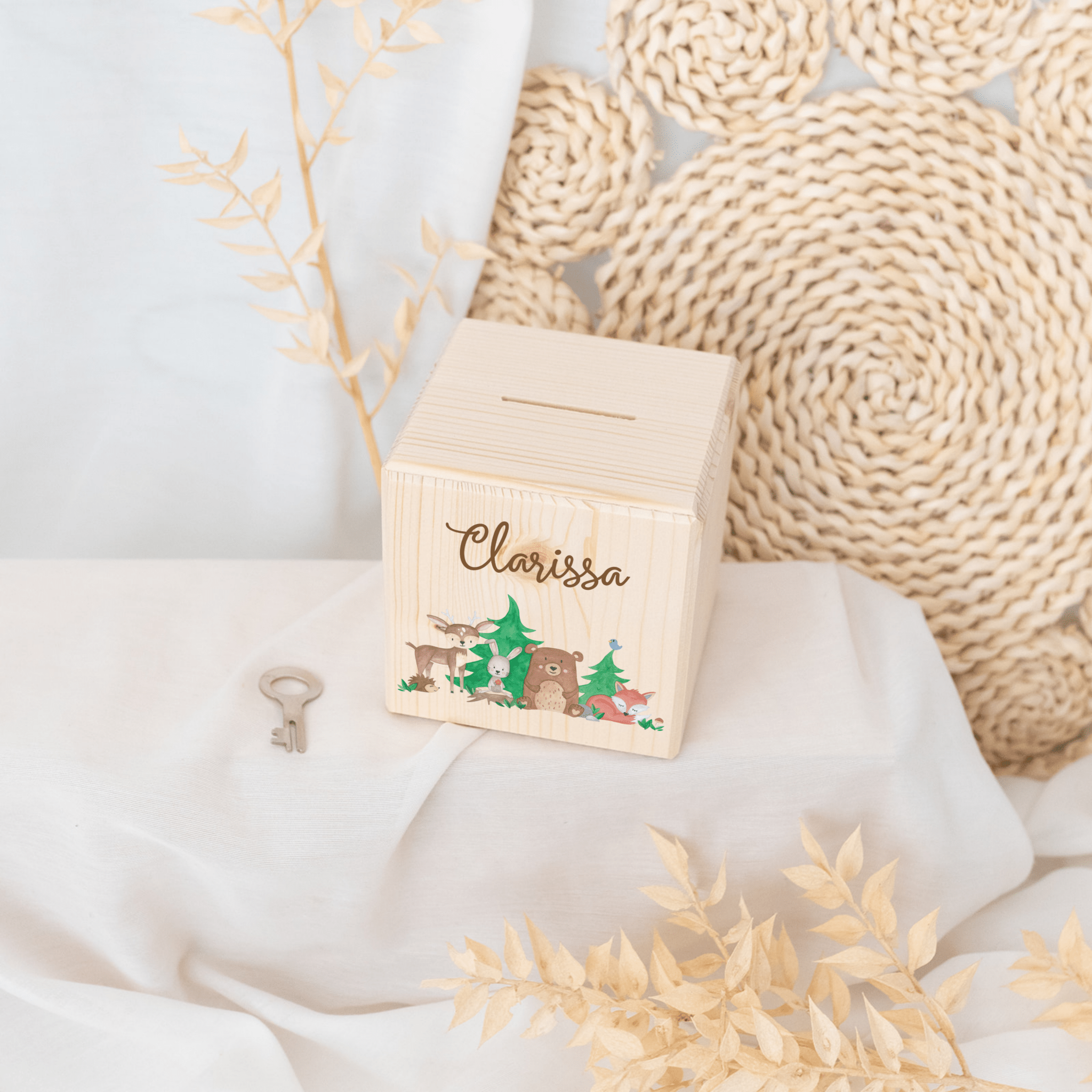 Spardose Holz personalisiert - Waldfreunde Aquarell - wunderwunsch