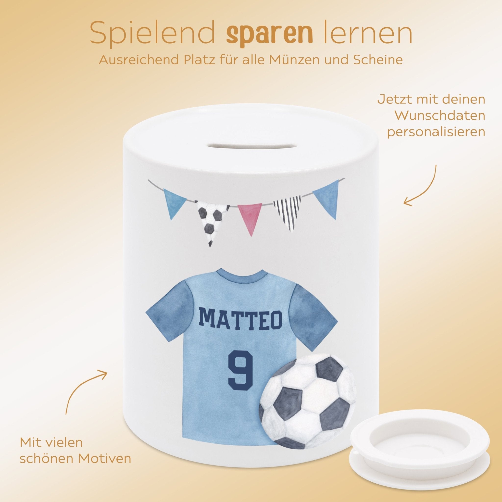 Spardose Keramik personalisiert - Fußball Aquarell - wunderwunsch