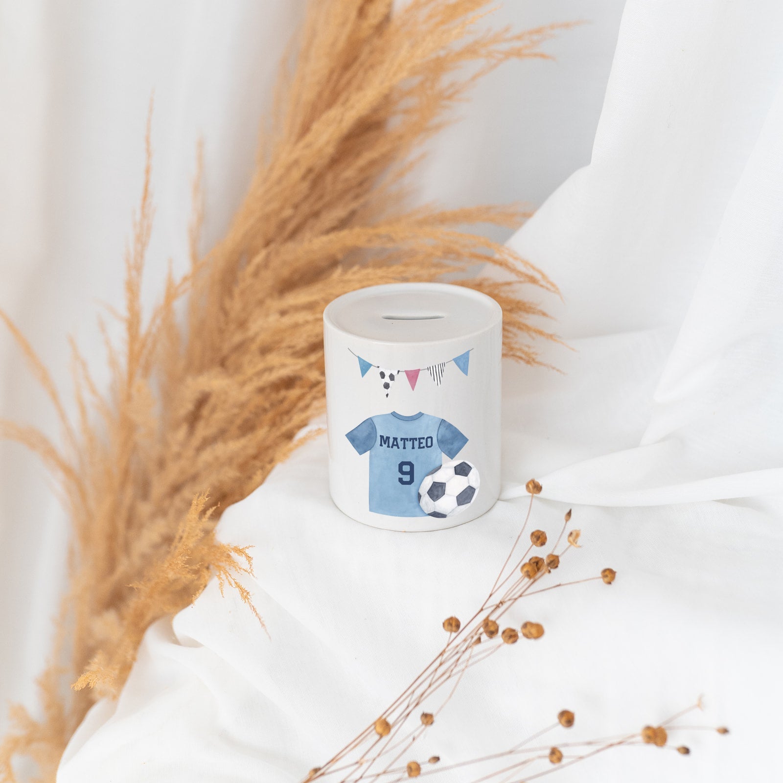 Spardose Keramik personalisiert - Fußball Aquarell - wunderwunsch