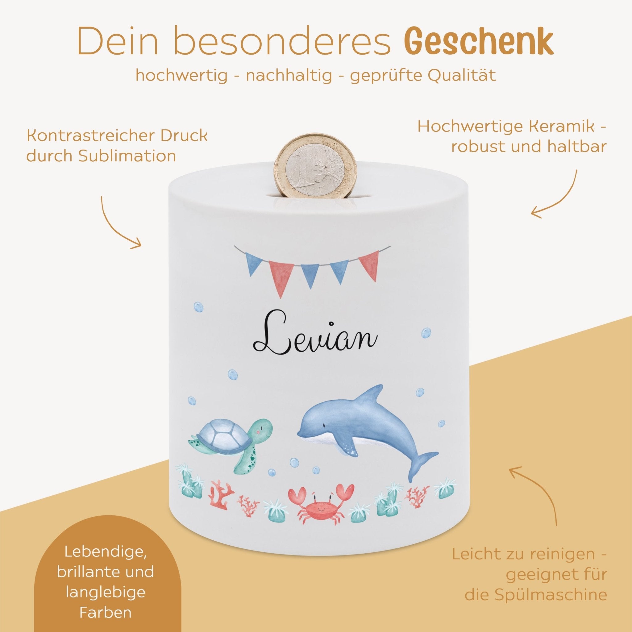 Spardose Keramik personalisiert - Meerestier Girlande Aquarell - wunderwunsch