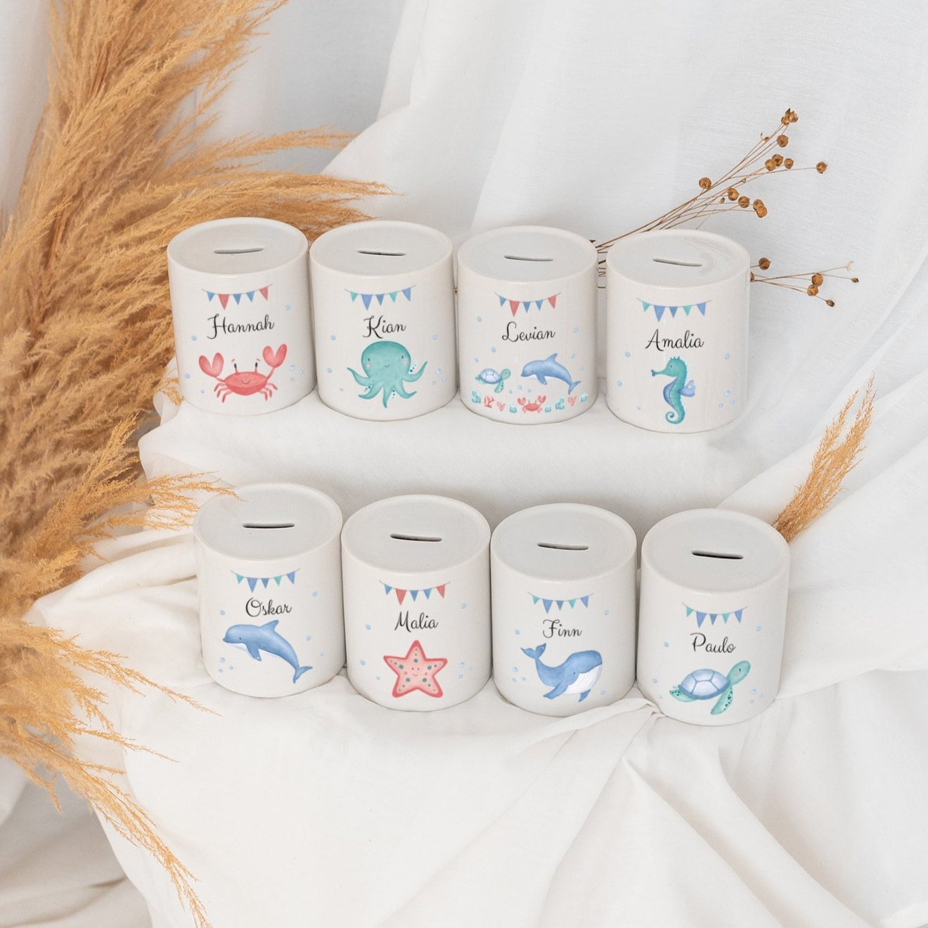 Spardose Keramik personalisiert - Meerestier Girlande Aquarell - wunderwunsch