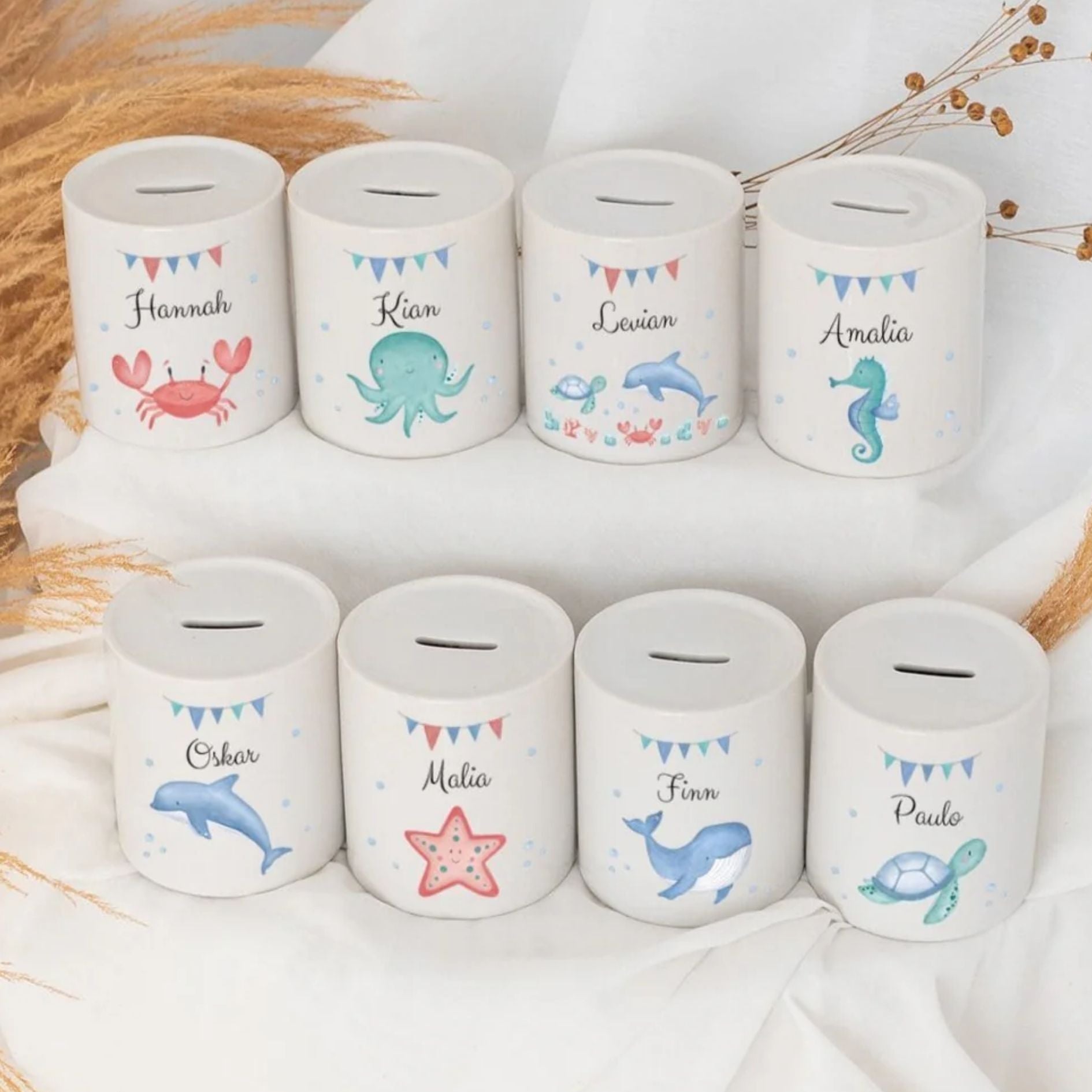 Spardose Keramik personalisiert - Meerestier Girlande Aquarell - wunderwunsch