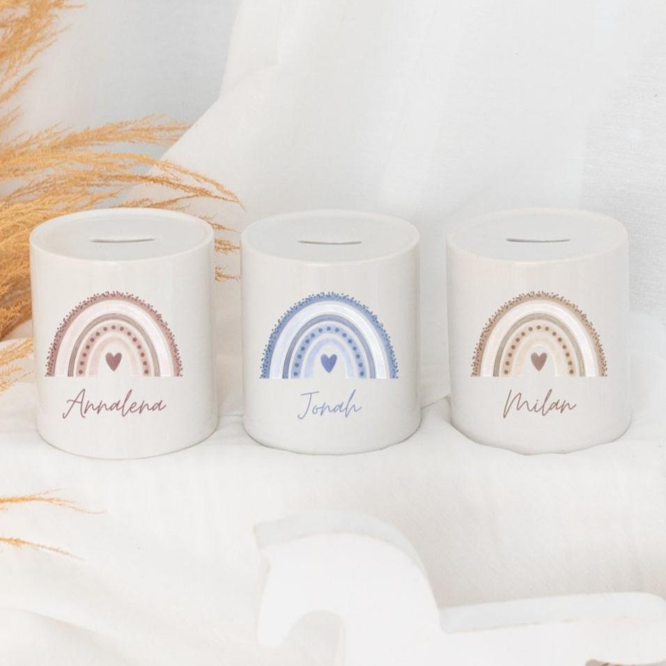 Spardose Keramik personalisiert - Regenbogen Punkte Aquarell - wunderwunsch