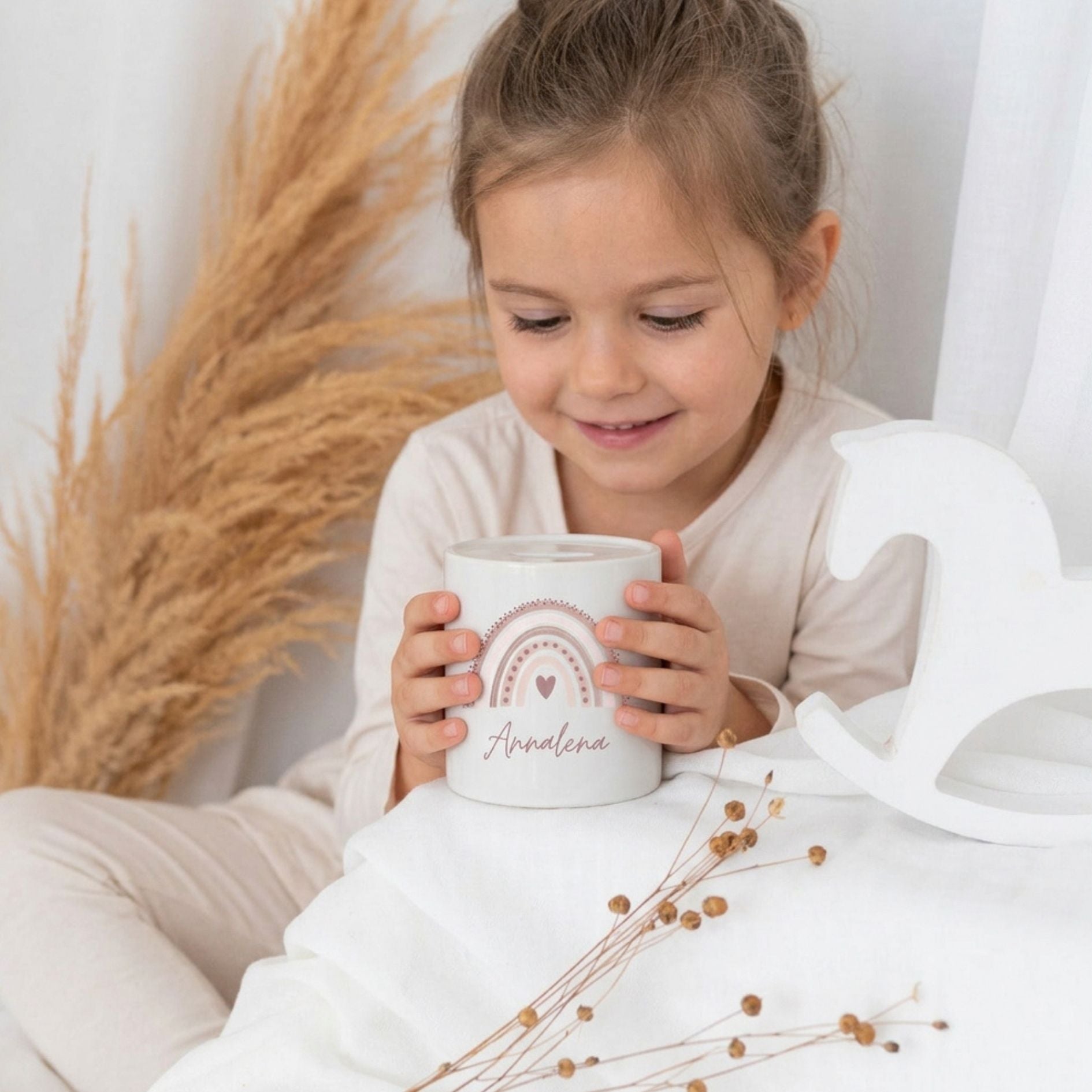 Spardose Keramik personalisiert - Regenbogen Punkte Aquarell - wunderwunsch