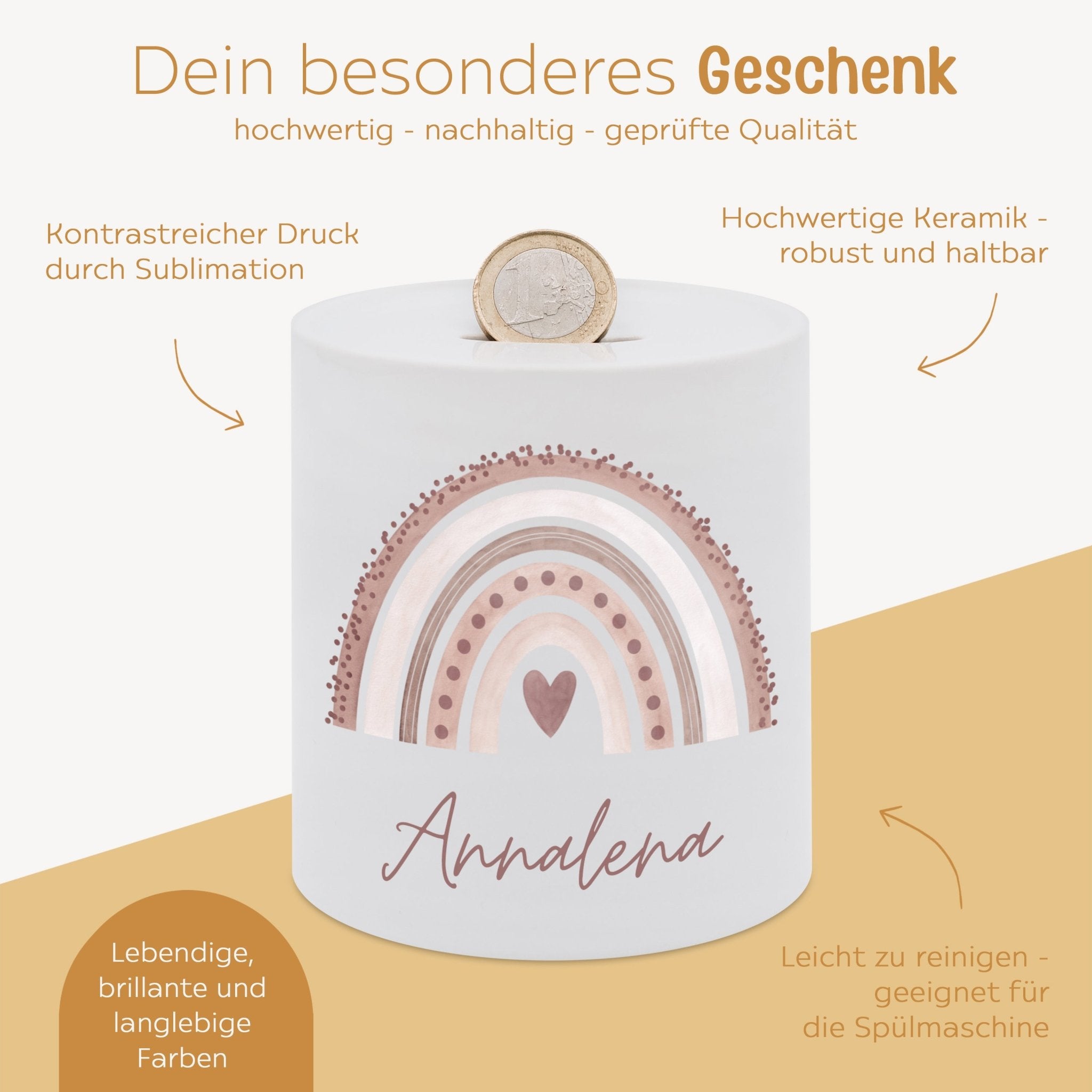Spardose Keramik personalisiert - Regenbogen Punkte Aquarell - wunderwunsch