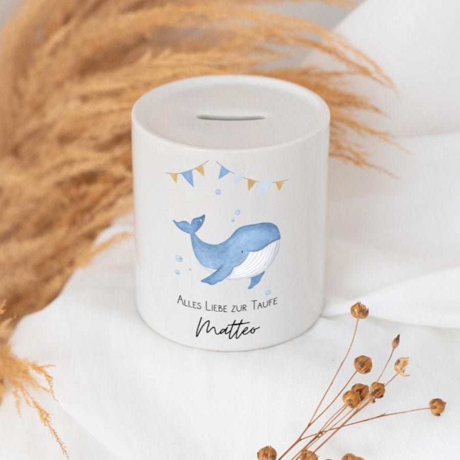 Spardose Keramik personalisiert - Taufe Wal Aquarell - wunderwunsch