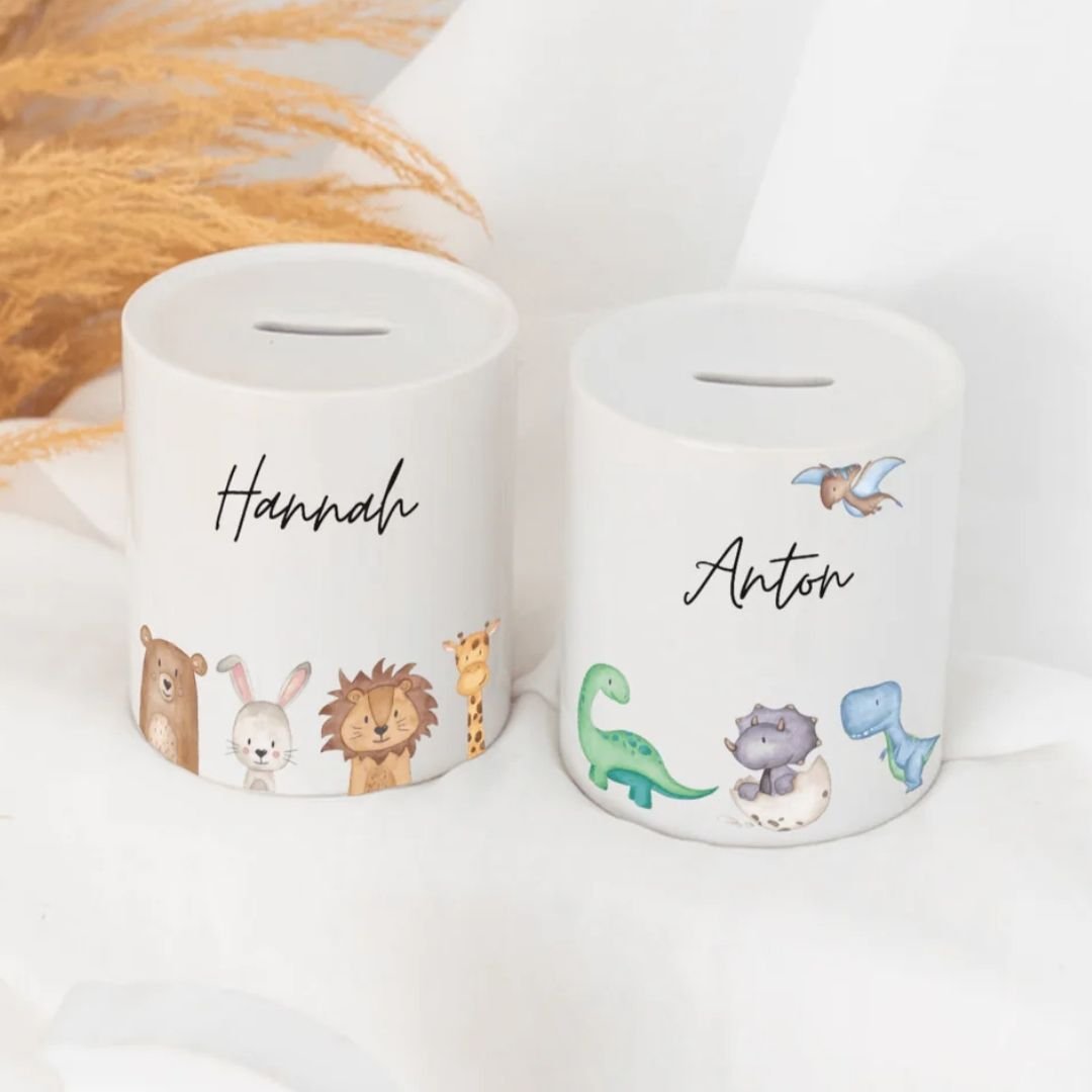 Spardose Keramik personalisiert - Tiere unten/ Dinos unten Aquarell - wunderwunsch