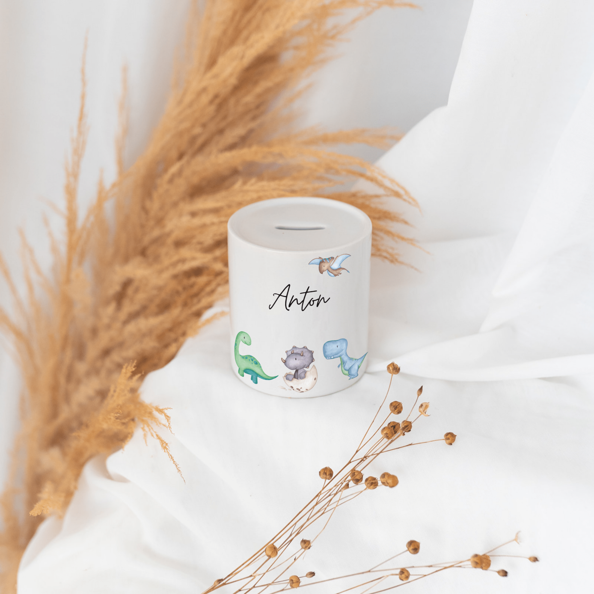 Spardose Keramik personalisiert - Tiere unten/ Dinos unten Aquarell - wunderwunsch