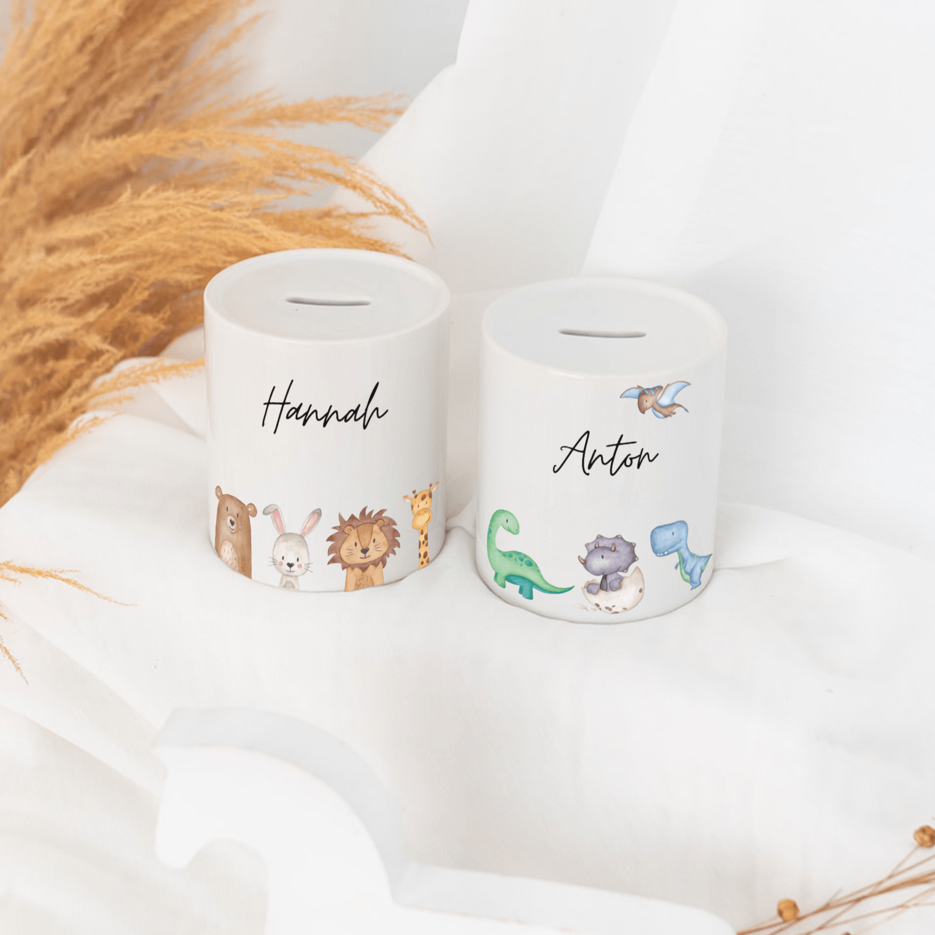Spardose Keramik personalisiert - Tiere unten/ Dinos unten Aquarell - wunderwunsch