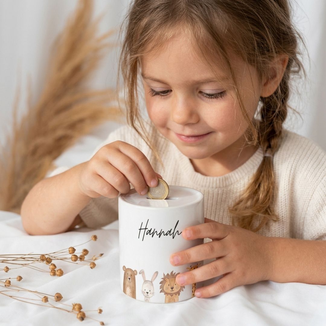 Spardose Keramik personalisiert - Tiere unten/ Dinos unten Aquarell - wunderwunsch