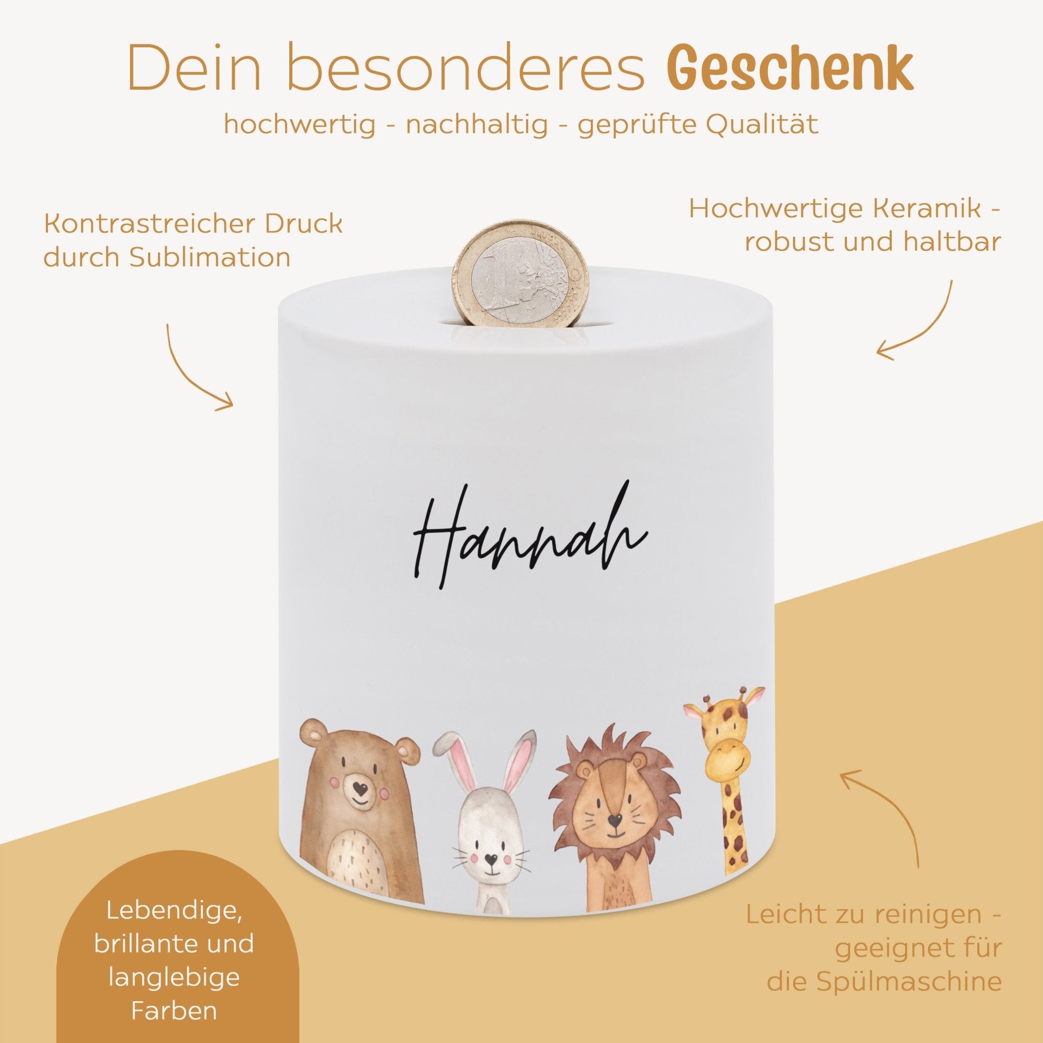 Spardose Keramik personalisiert - Tiere unten/ Dinos unten Aquarell - wunderwunsch