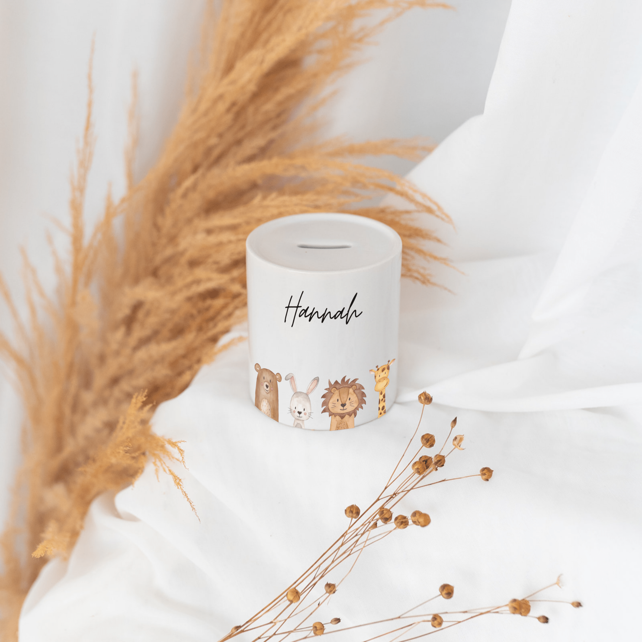 Spardose Keramik personalisiert - Tiere unten/ Dinos unten Aquarell - wunderwunsch