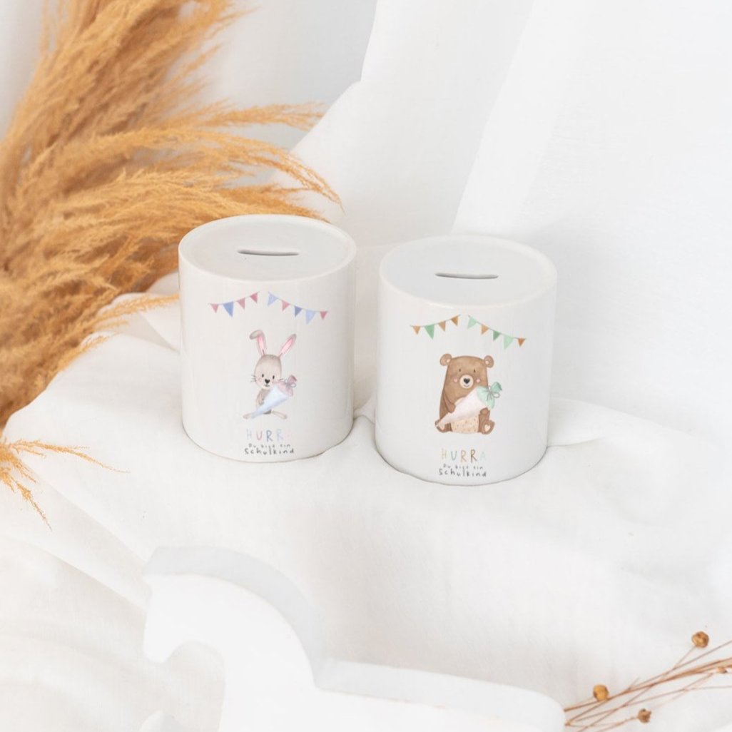 Spardose Keramik - Schulkind Tier Aquarell - wunderwunsch