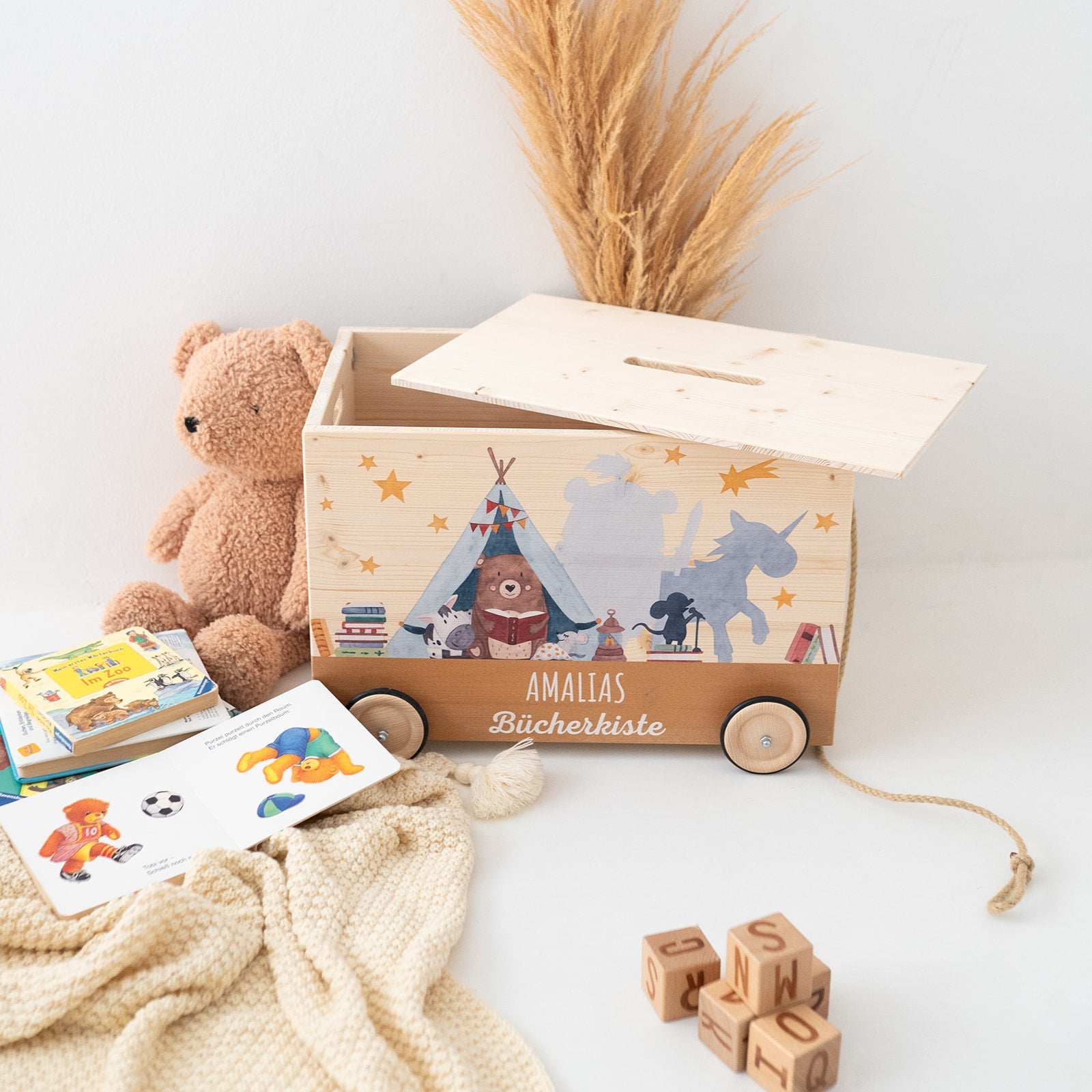 Spielzeugkiste "Tiere" mit Rollen personalisiert - wunderwunsch
