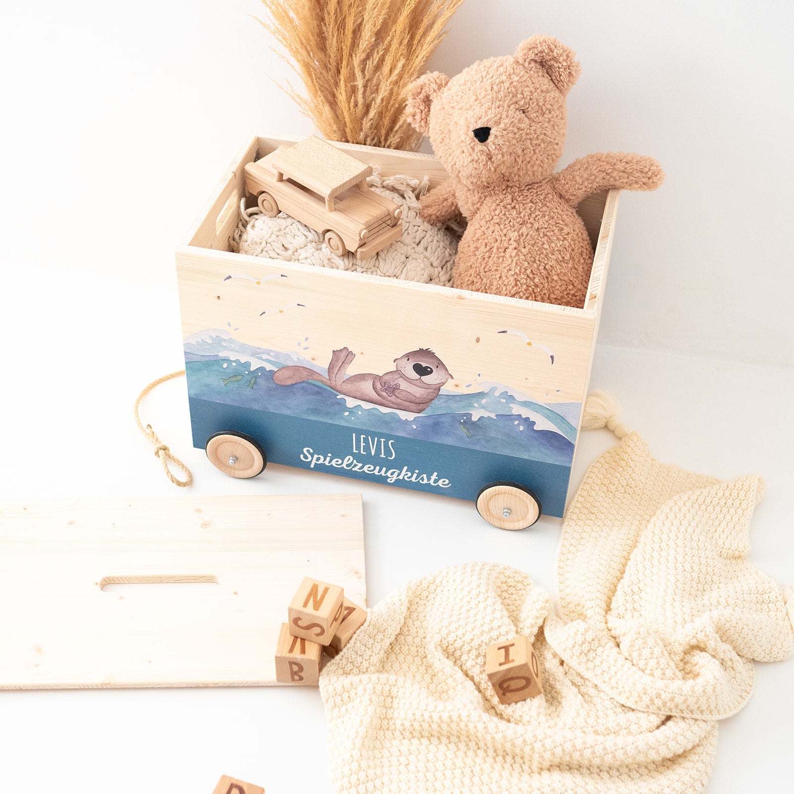 Spielzeugkiste "Tiere" mit Rollen personalisiert - wunderwunsch