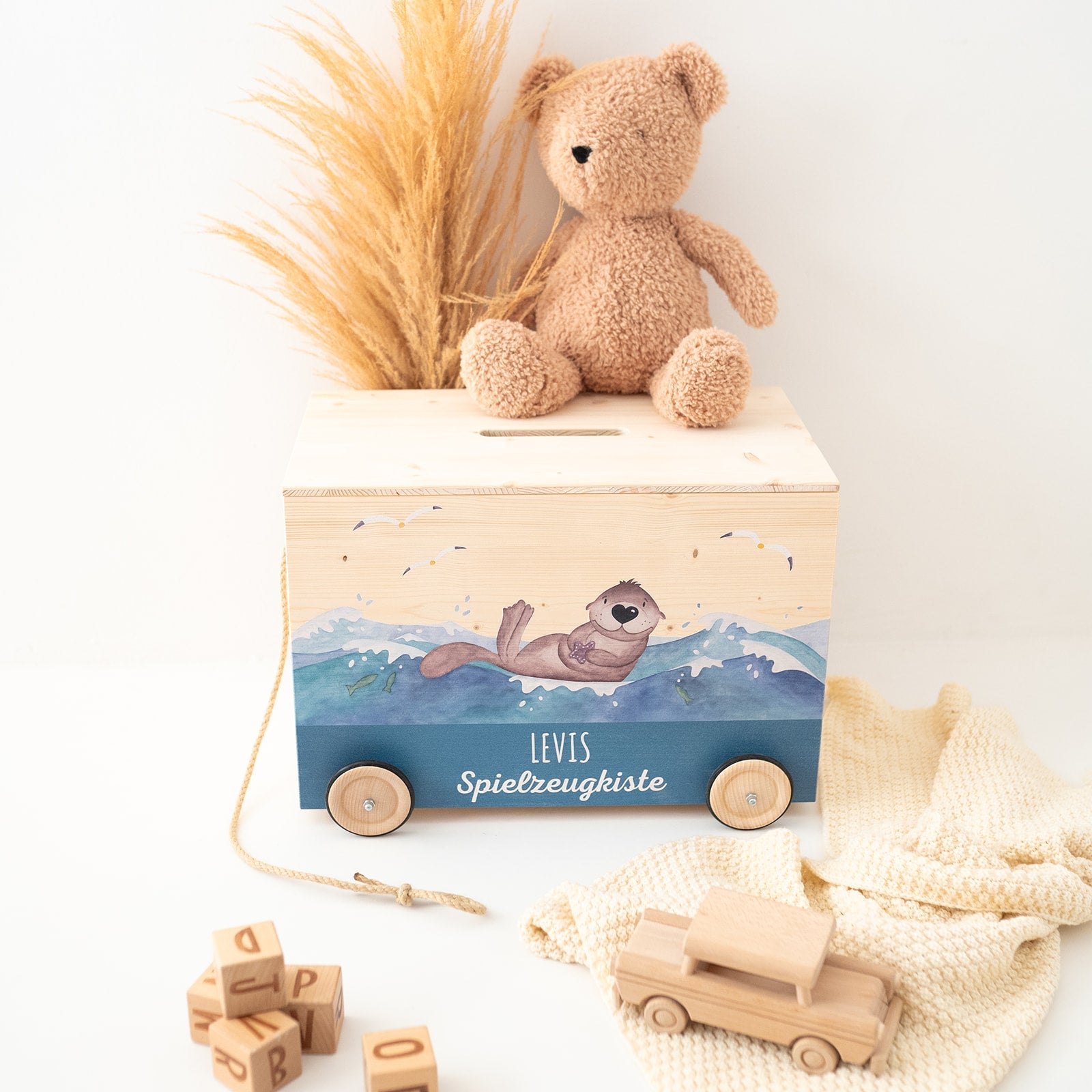 Spielzeugkiste "Tiere" mit Rollen personalisiert - wunderwunsch