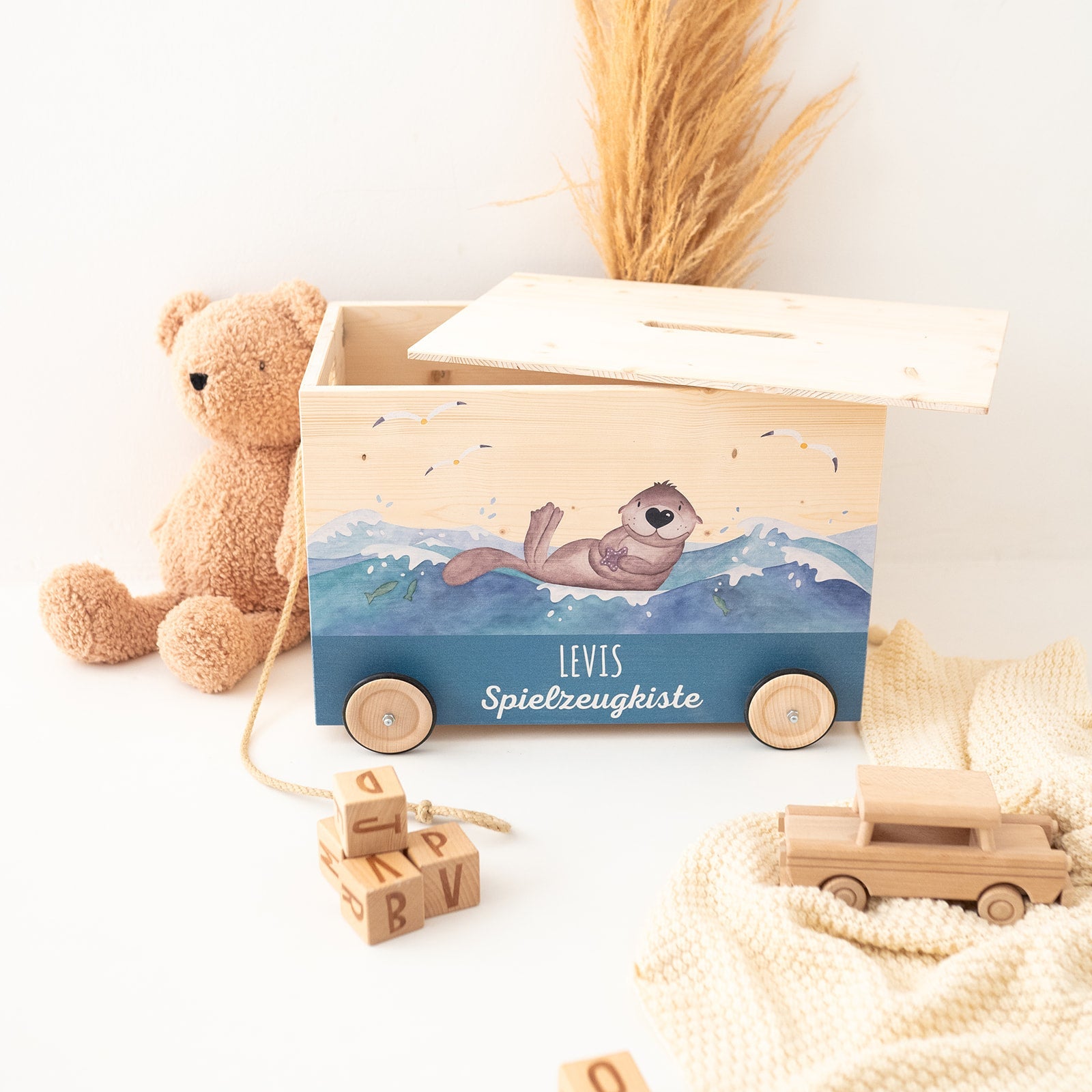 Spielzeugkiste "Tiere" mit Rollen personalisiert - wunderwunsch