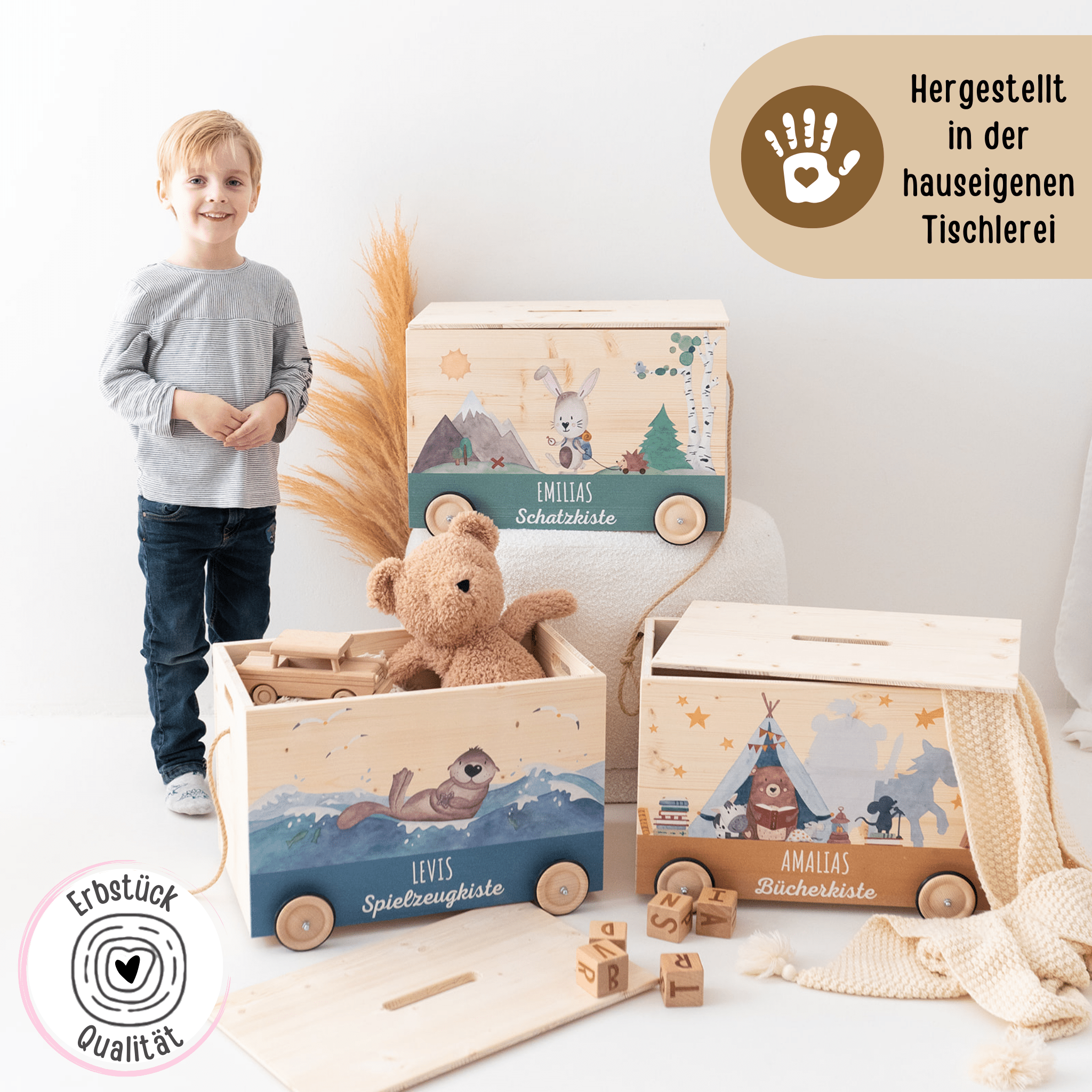 Spielzeugkiste "Tiere" mit Rollen personalisiert - wunderwunsch