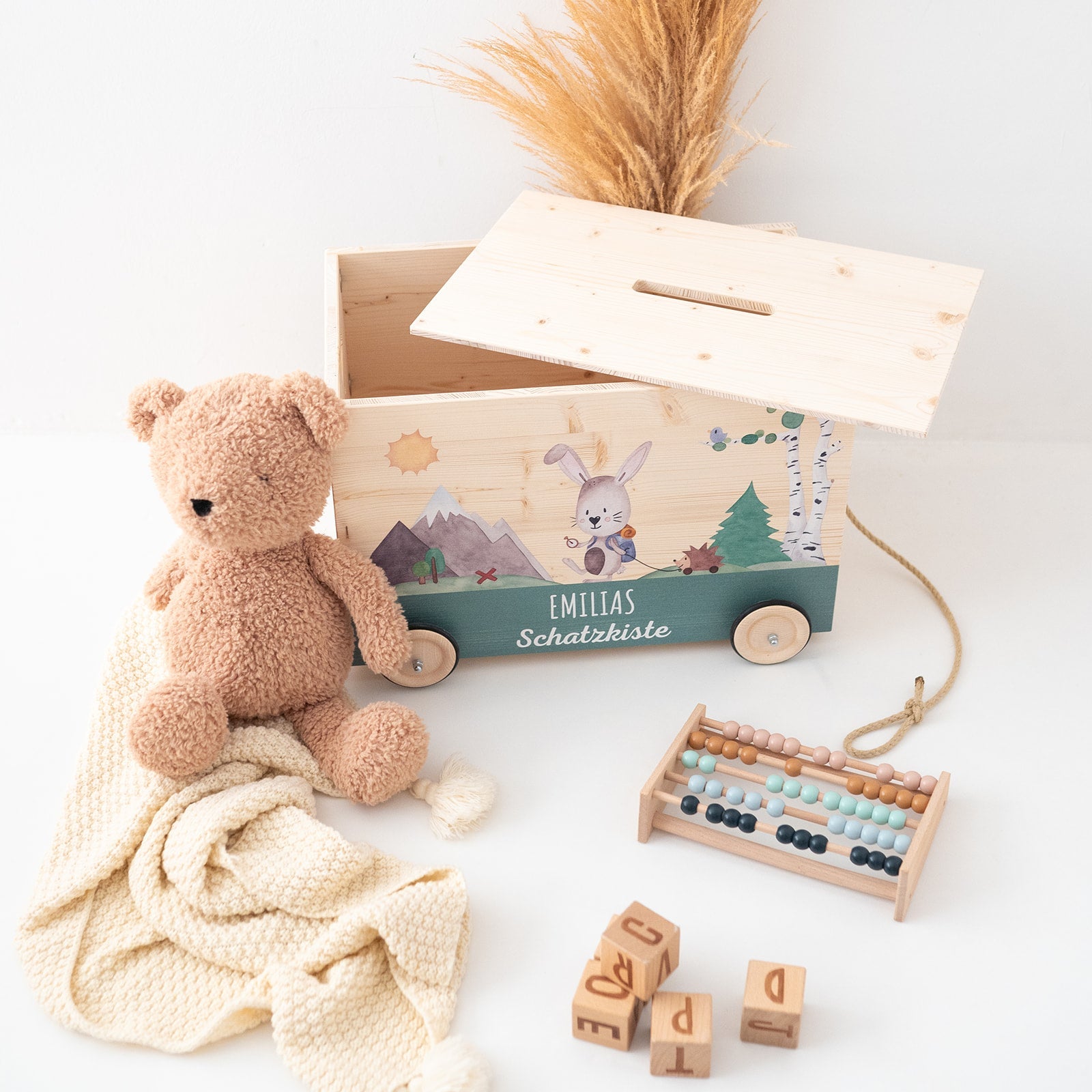 Spielzeugkiste "Tiere" mit Rollen personalisiert - wunderwunsch