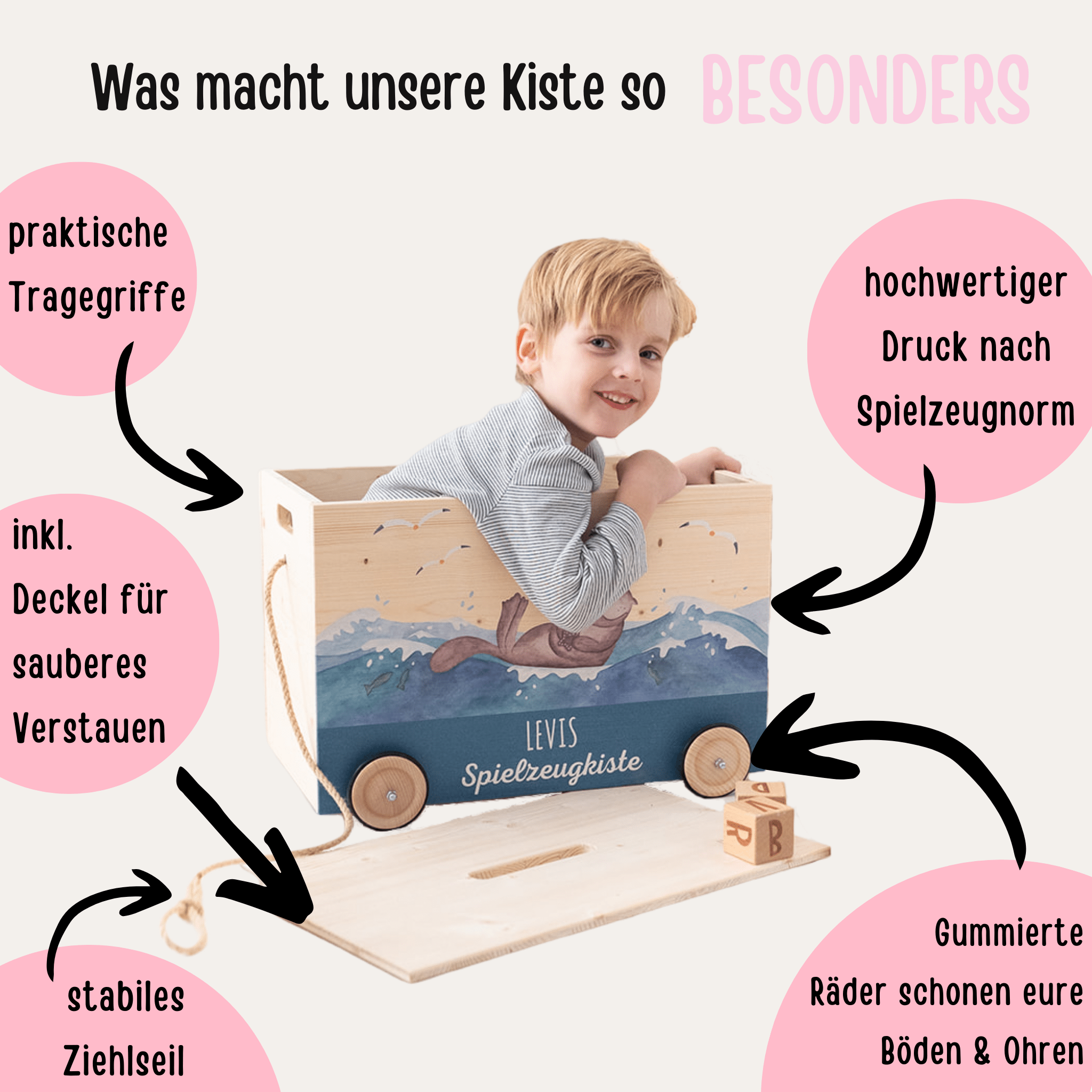 Spielzeugkiste "Tiere" mit Rollen personalisiert - wunderwunsch