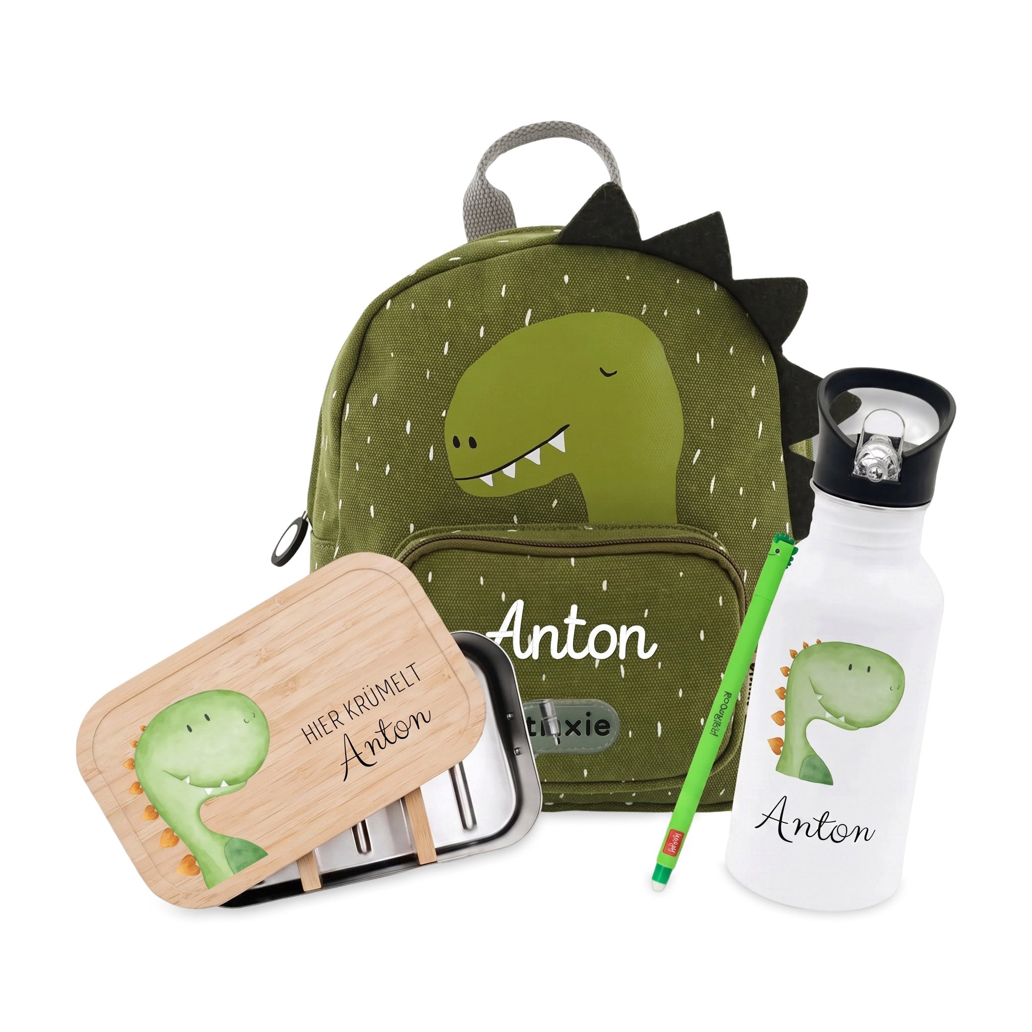 Starter-Geschenkset "Dino" personalisiert: Rucksack, Lunchbox, Flasche, Stift - wunderwunsch