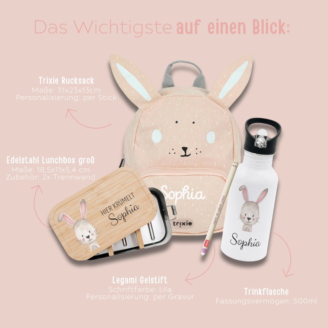 Starter - Geschenkset "Hase" personalisiert: Rucksack, Lunchbox, Flasche, Stift - wunderwunsch